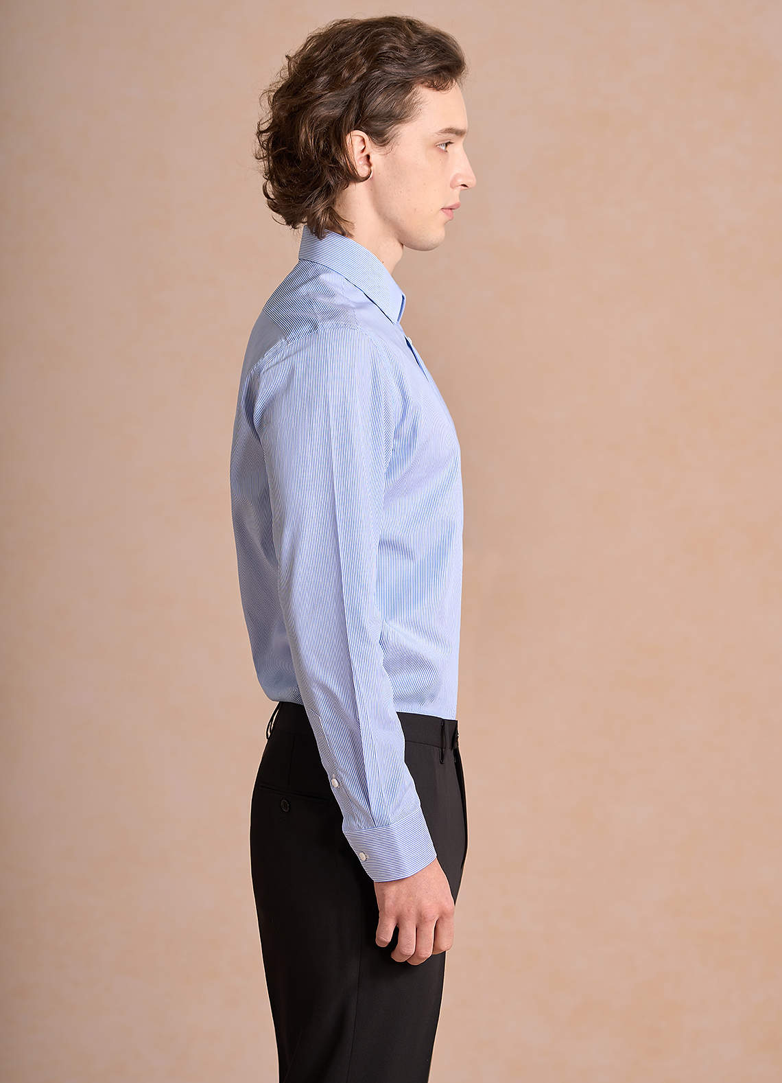 front Aiden 하얀 하늘색 100% 면 소재, 다림질이 필요 없는 스트라이프 드레스 셔츠