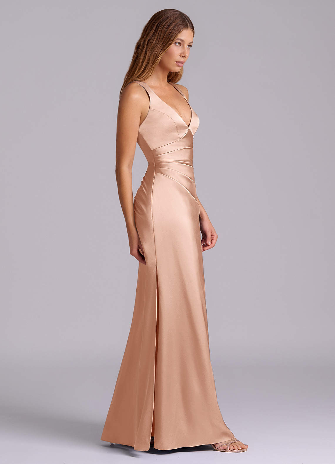 rose gold satin bridesmaid dresses Azazie Leonia