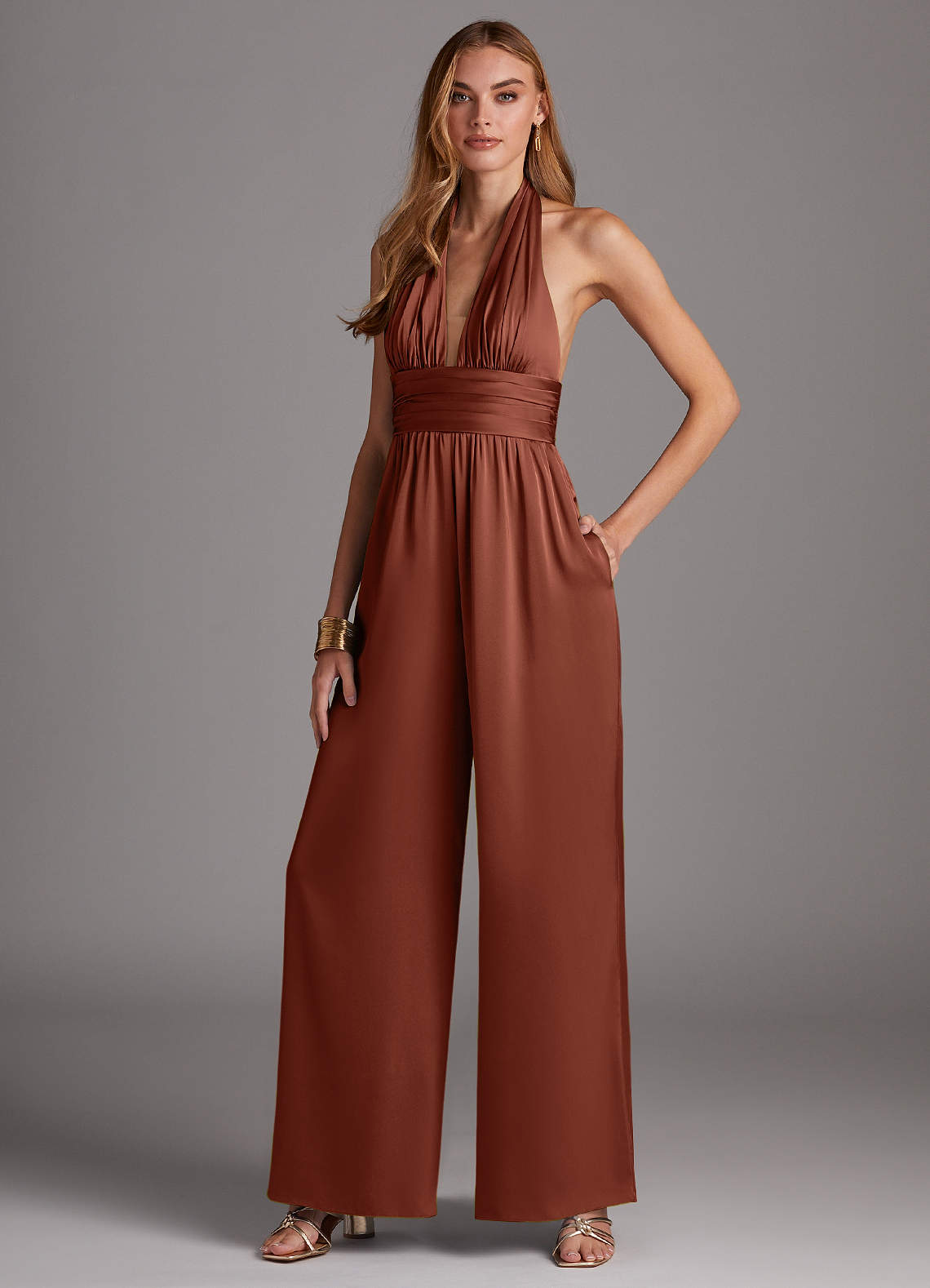 Azazie Oli Bridesmaid Dresses Clay Pleated Stretch Satin Jumpsuit image1