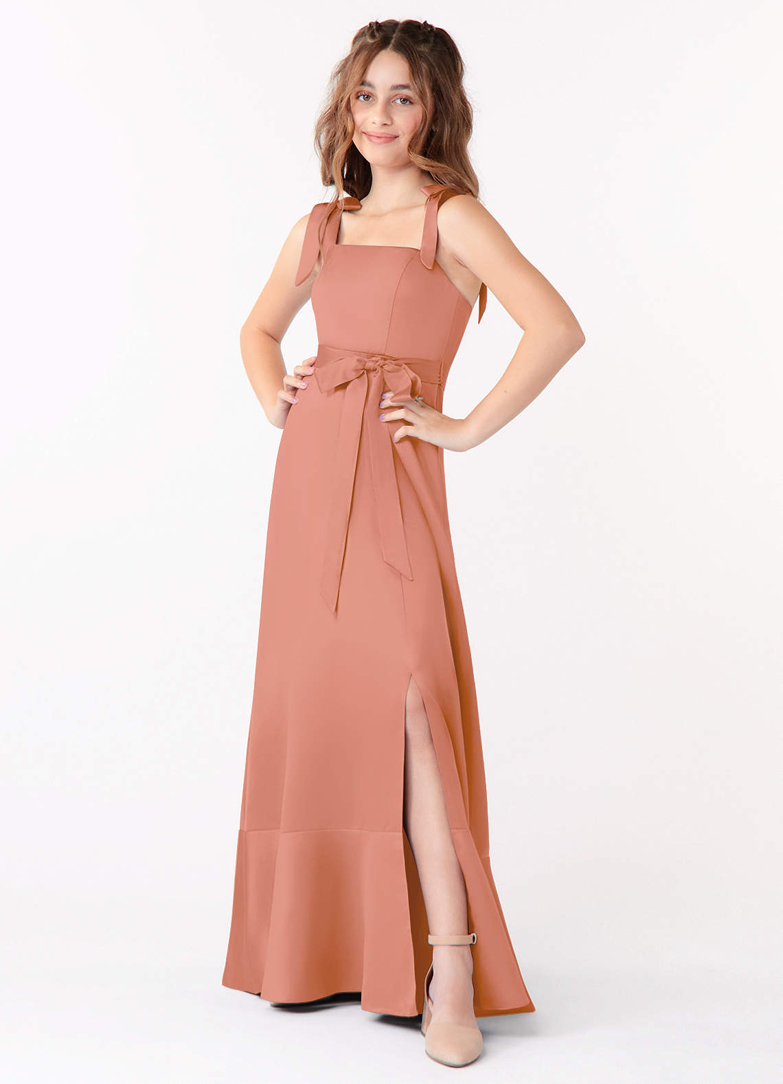 Azazie Barbara Junior MAI TAI A-Line Bow Matte Satin Dress image1