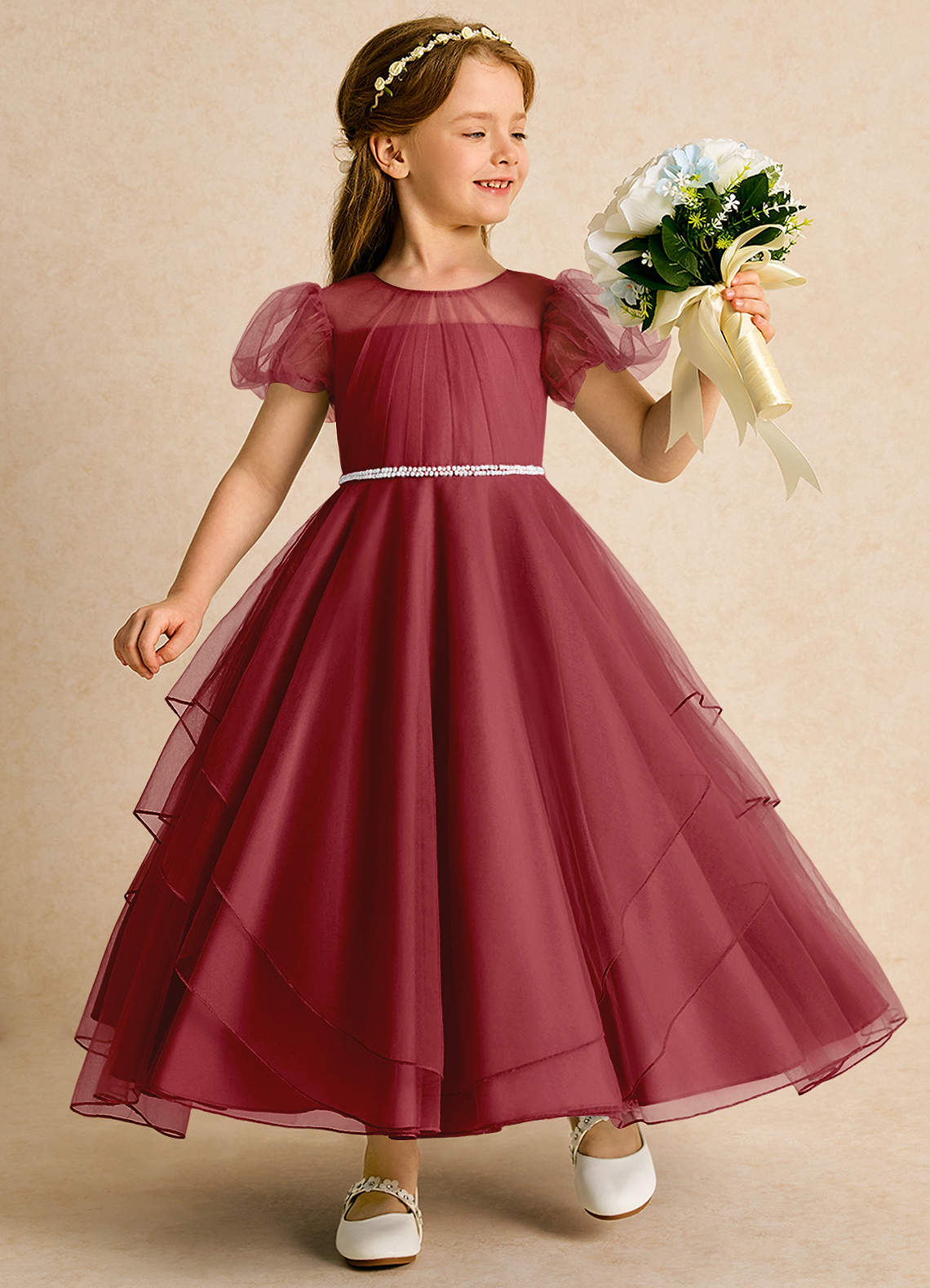 Azazie Duckie Abiti da Ragazza di Fiori Abito Principessa in Tulle Plissettato Melograno image1