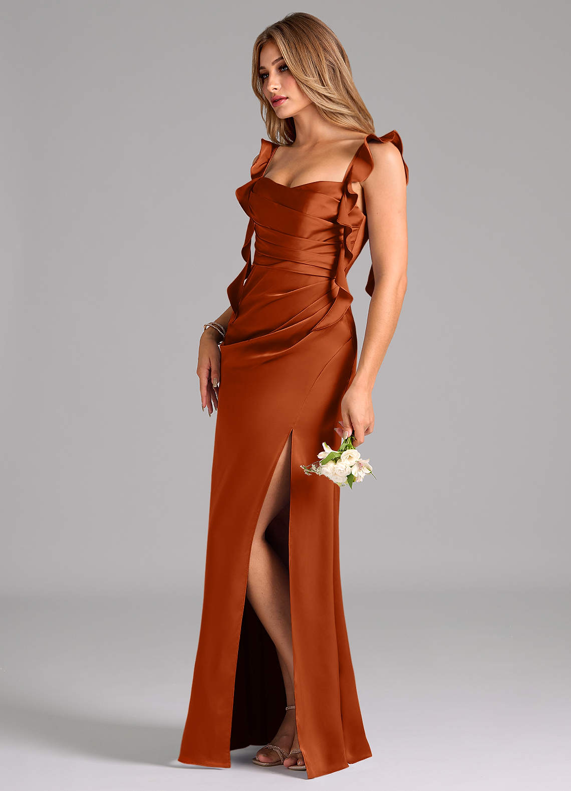 Azazie Jessamine Bridesmaid Dresses Burnt Orange Sheath Corset Stretch Satin Dress image4