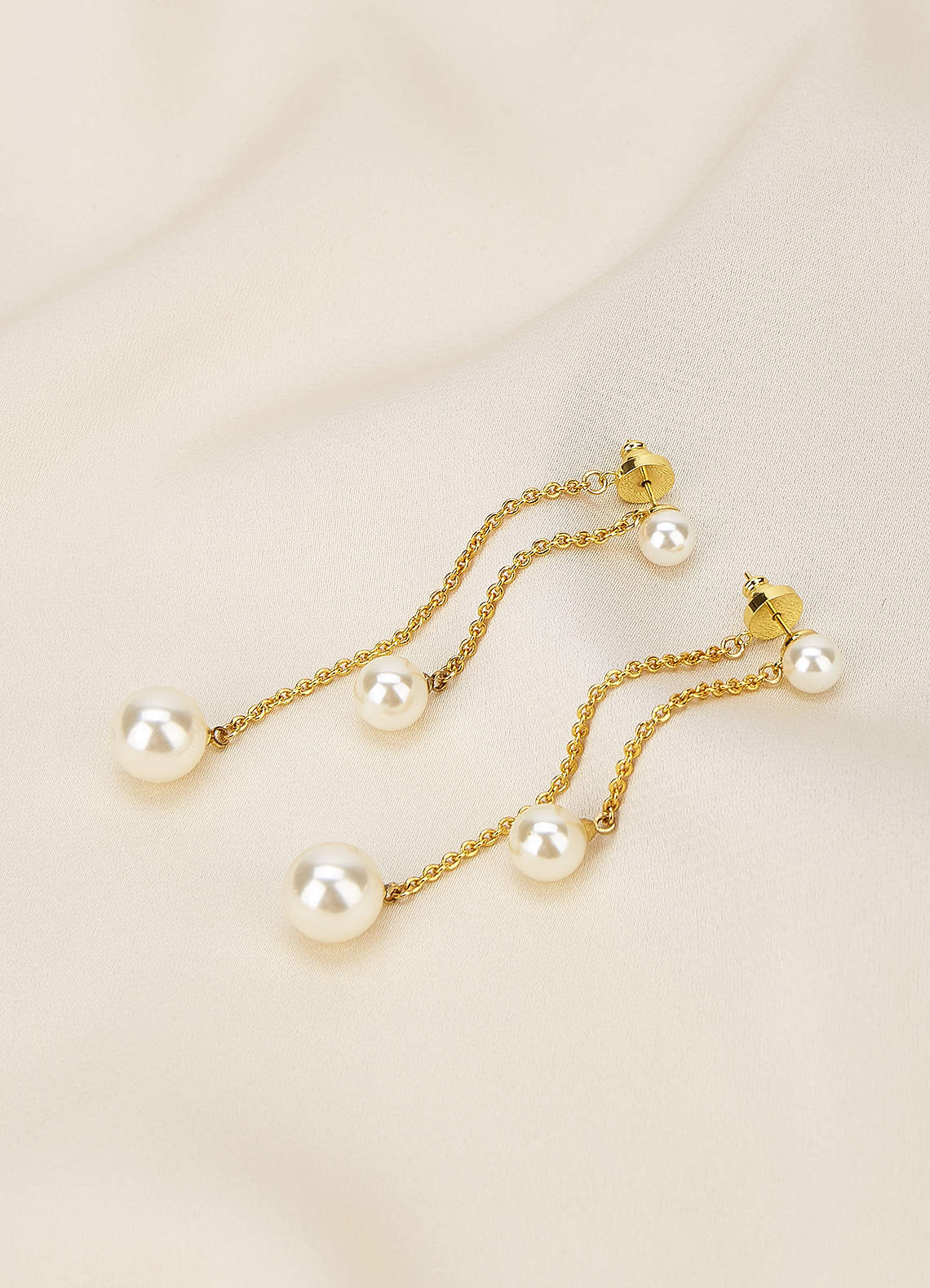 front Double Pearl and Chain Drop Earrings
