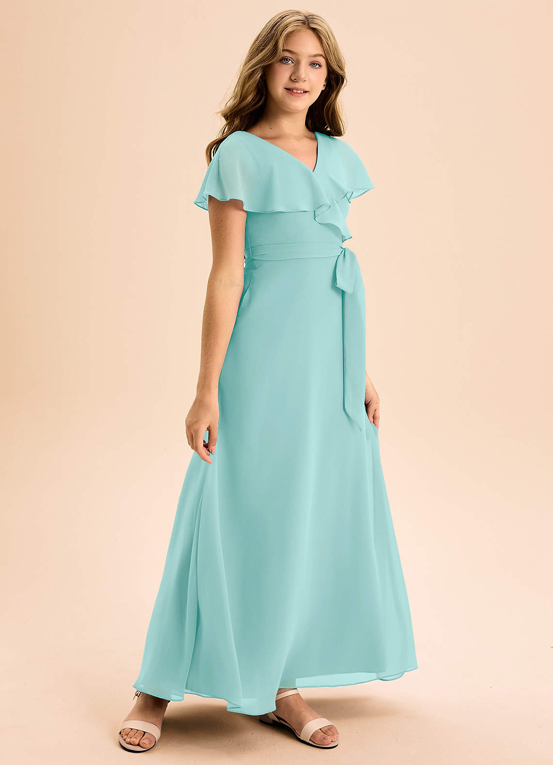Azazie Lainey Junior Abito A-Line in Chiffon Con Tasche Acqua image1