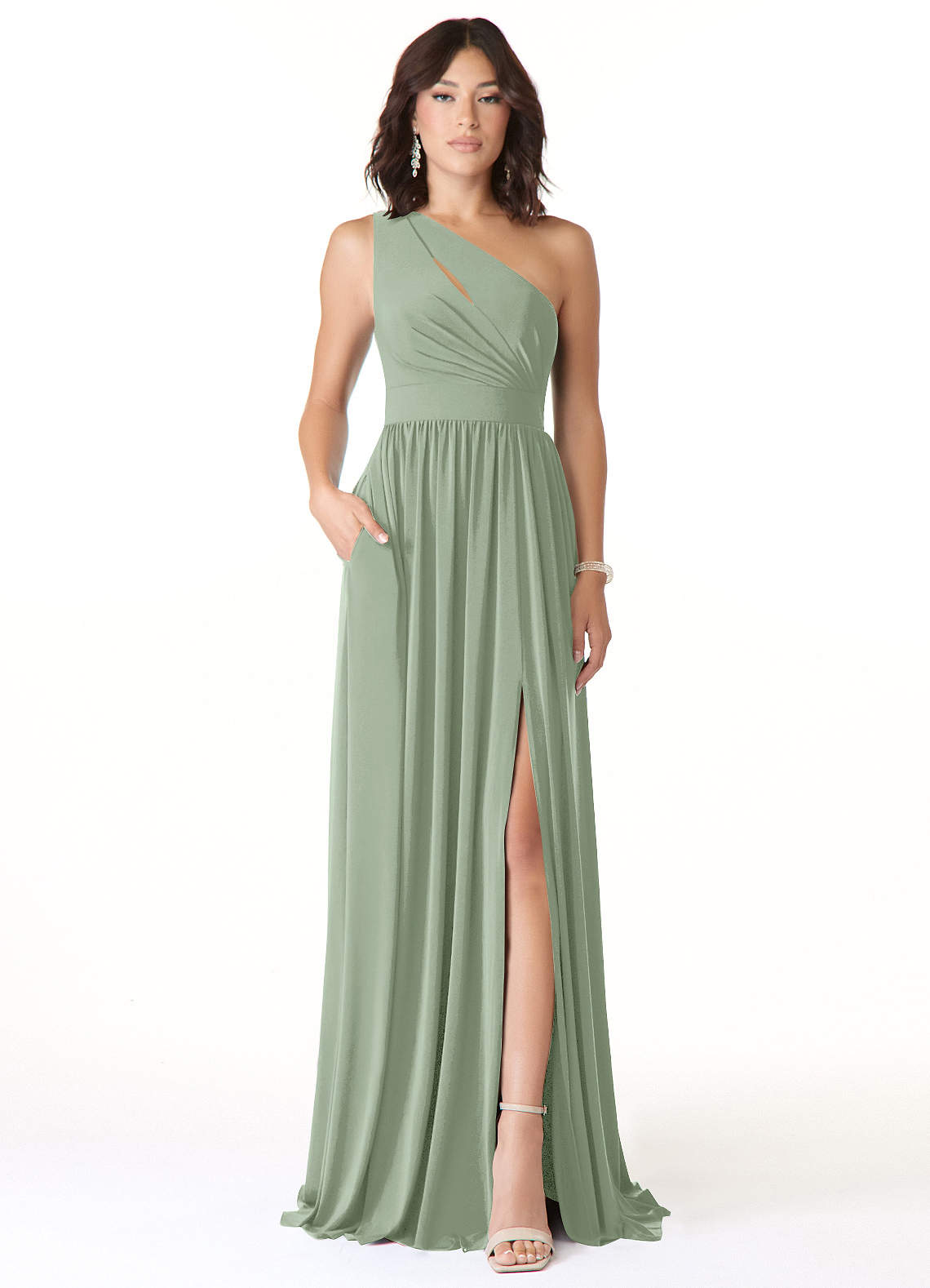 Azazie Jasna Bridesmaid Dresses Agave A-Line One Shoulder Luxe Knit Dress image1