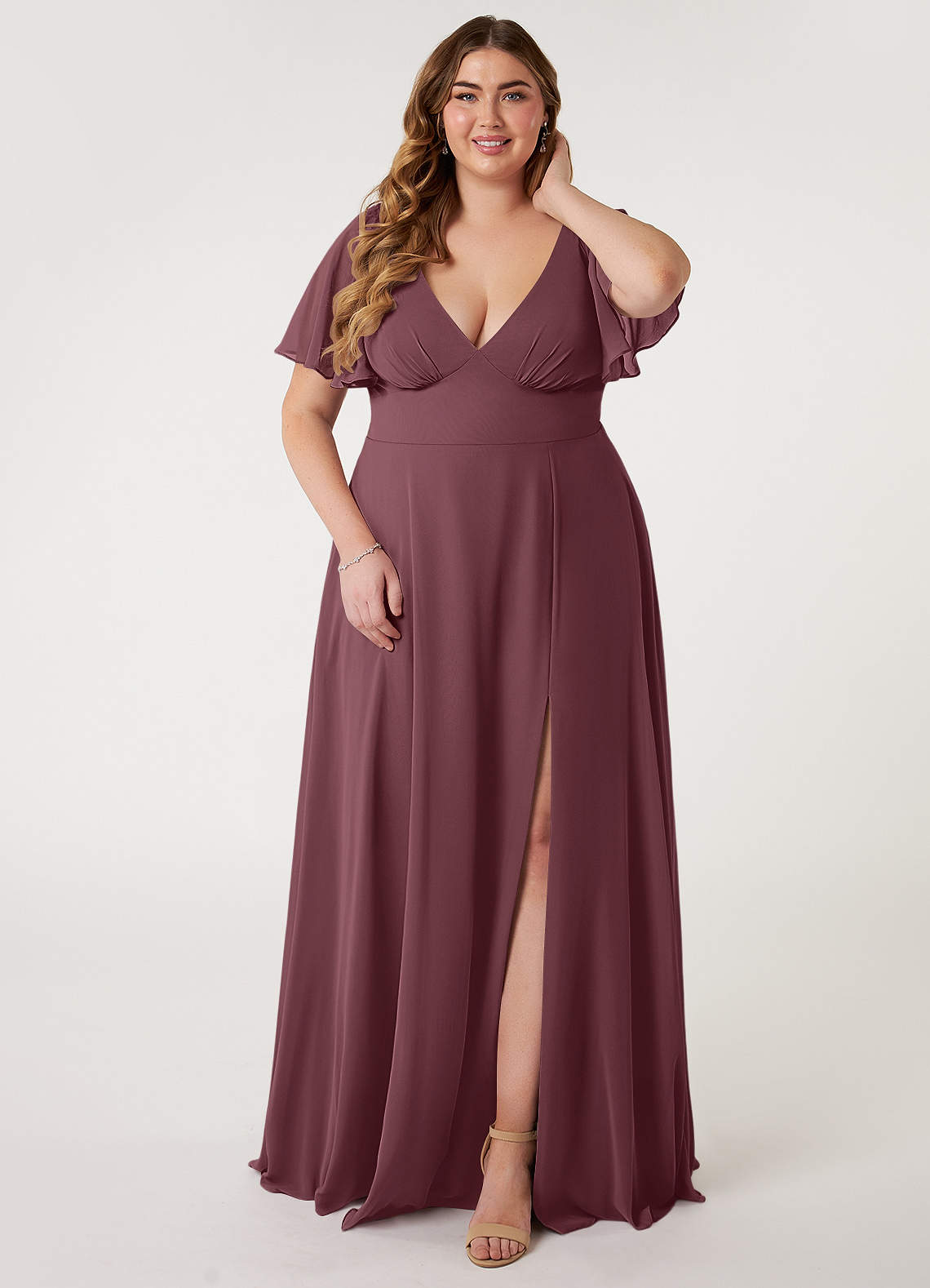 Azazie Kimber Bridesmaid Dresses Sangria A-Line Flounce Sleeve Chiffon Dress image1