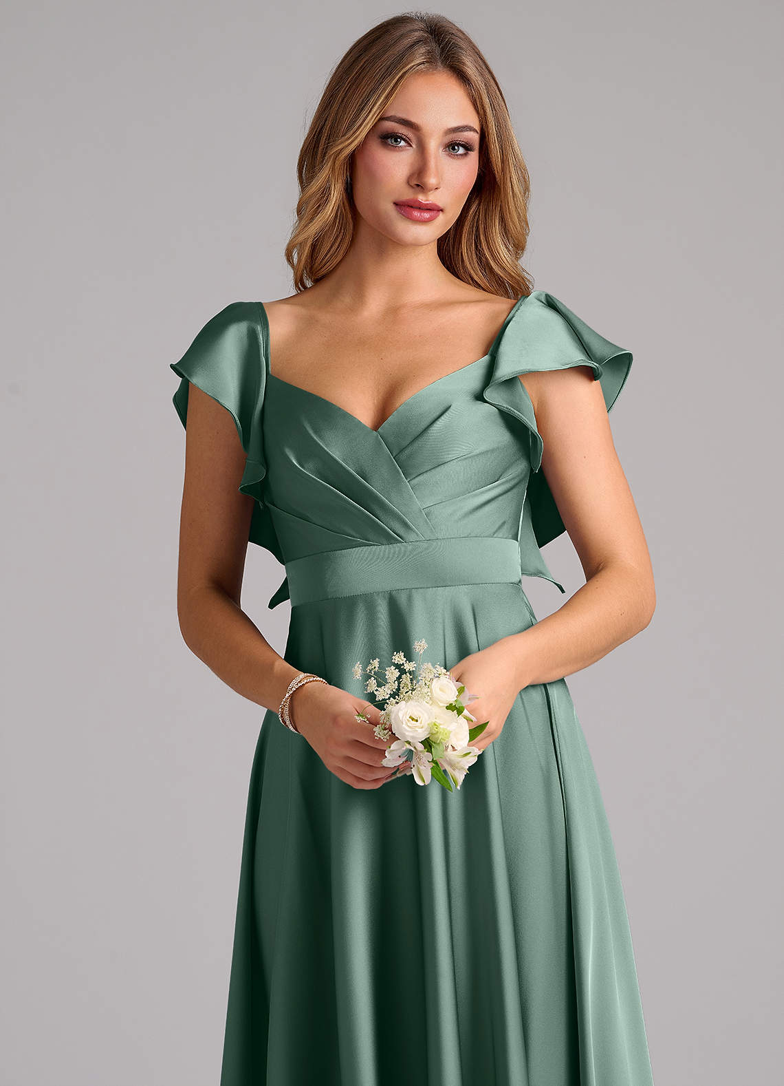 Azazie Leilani Bridesmaid Dresses Eucalyptus A-Line Ruched Stretch Satin Dress image4