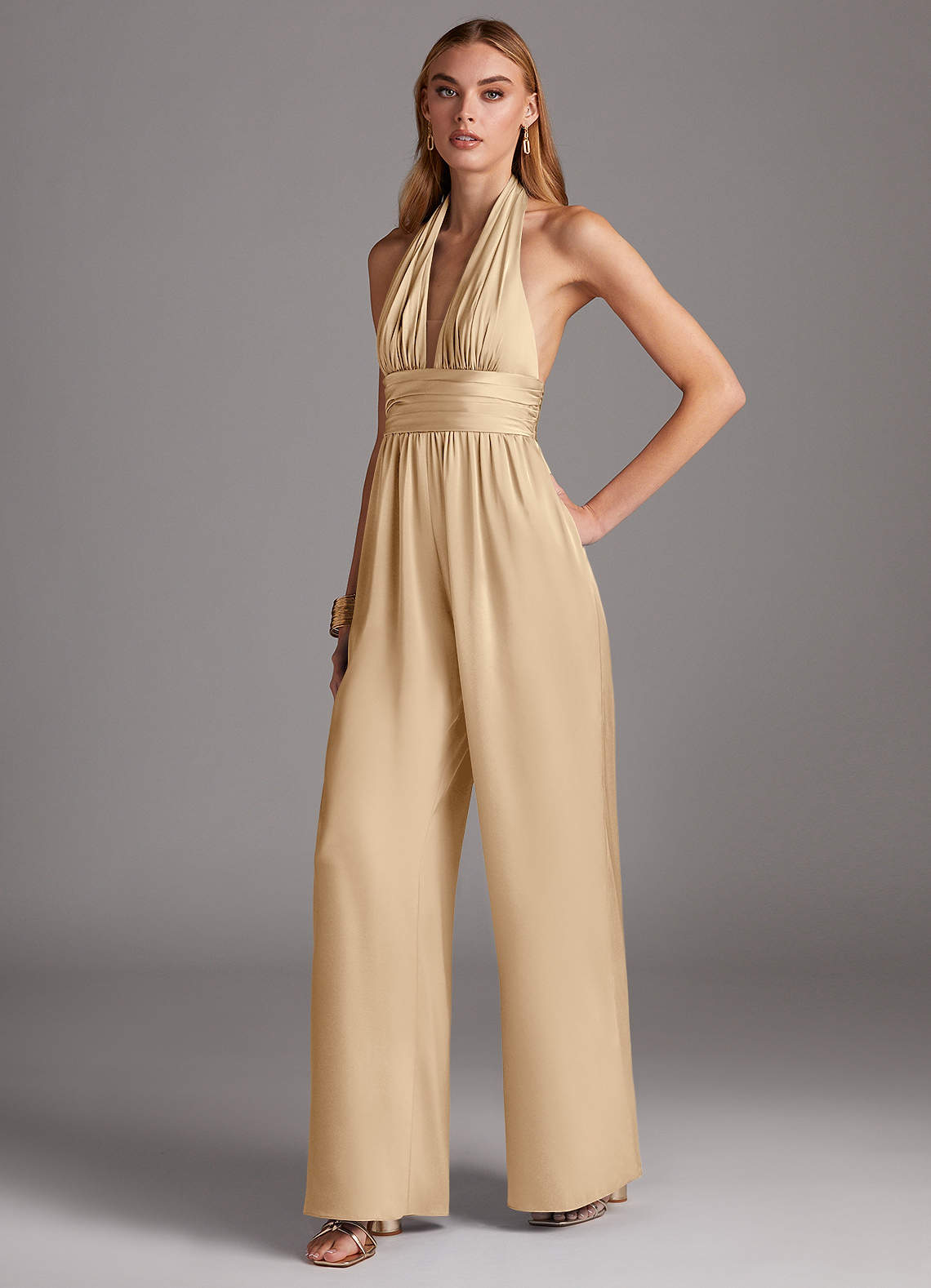 Azazie Oli Bridesmaid Dresses Champagne Pleated Stretch Satin Jumpsuit image1