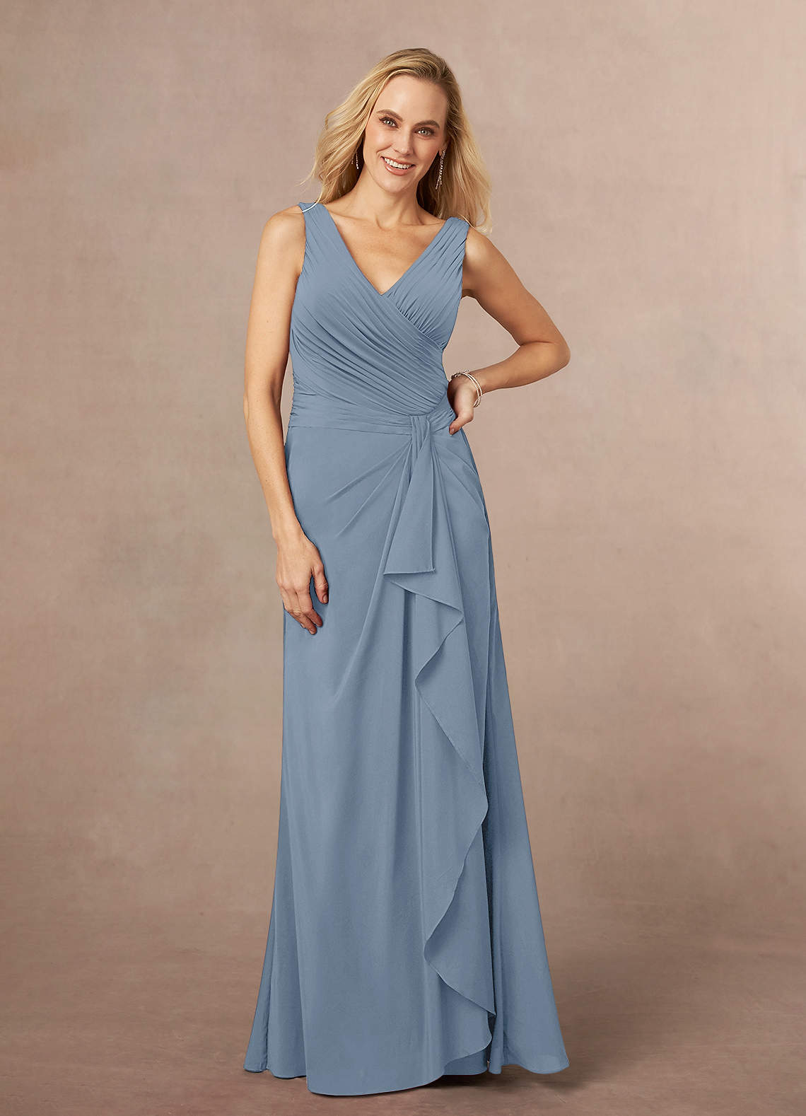 Azazie Evy At-home Try On Dresses Dusty Blue A-Line Pleated Stretch Chiffon Dress image1