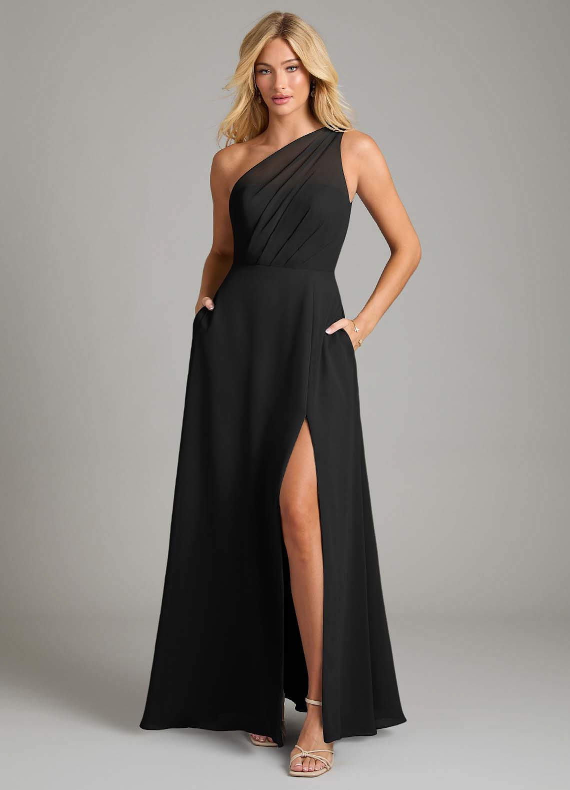 Azazie Phaedra Bridesmaid Dresses Black A-Line One Shoulder Chiffon Dress image10