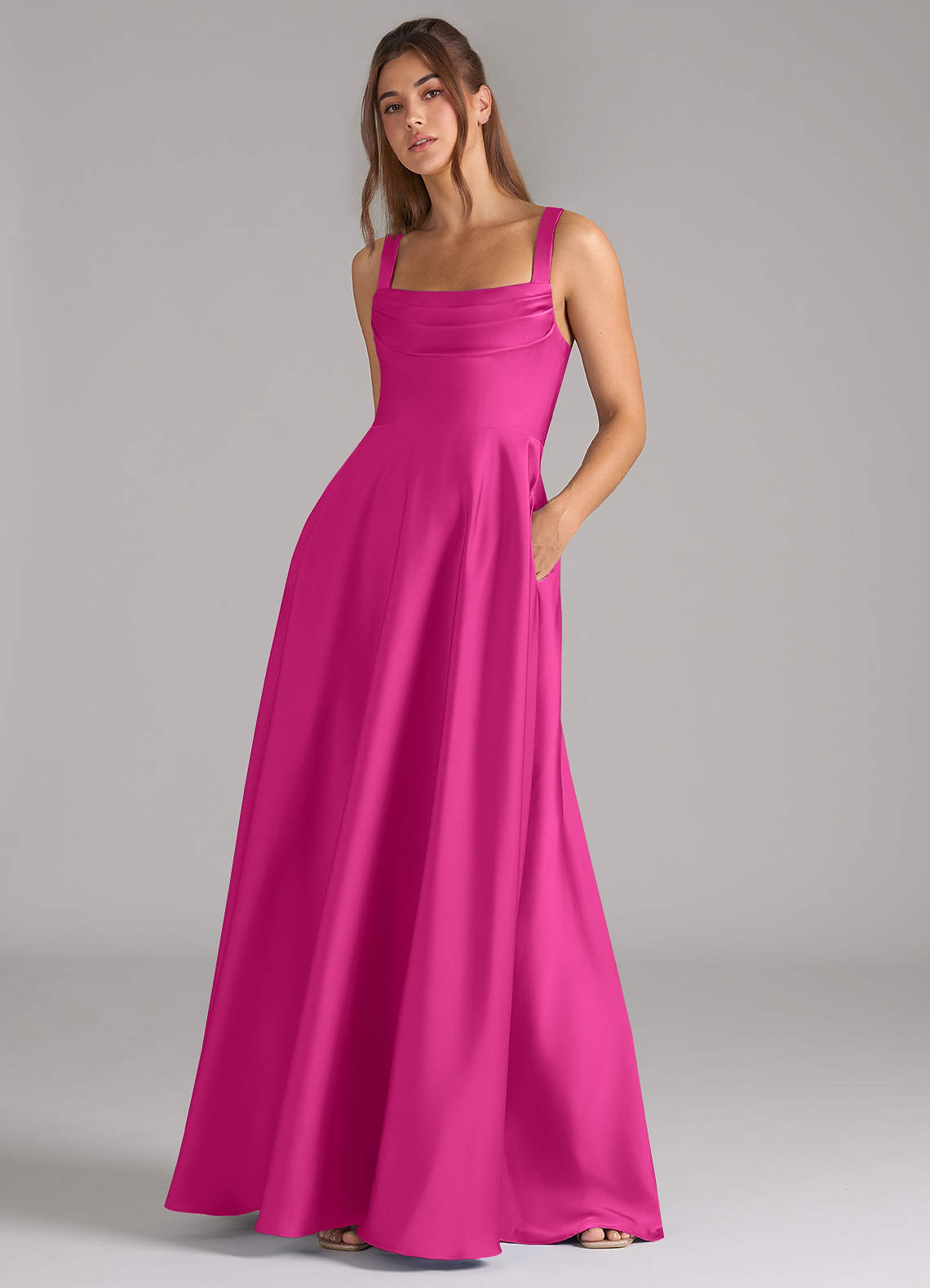 Azazie Shaude Robes de demoiselle d'honneur Robe Trapèze en Satin extensible Plissée Fuchsia image3
