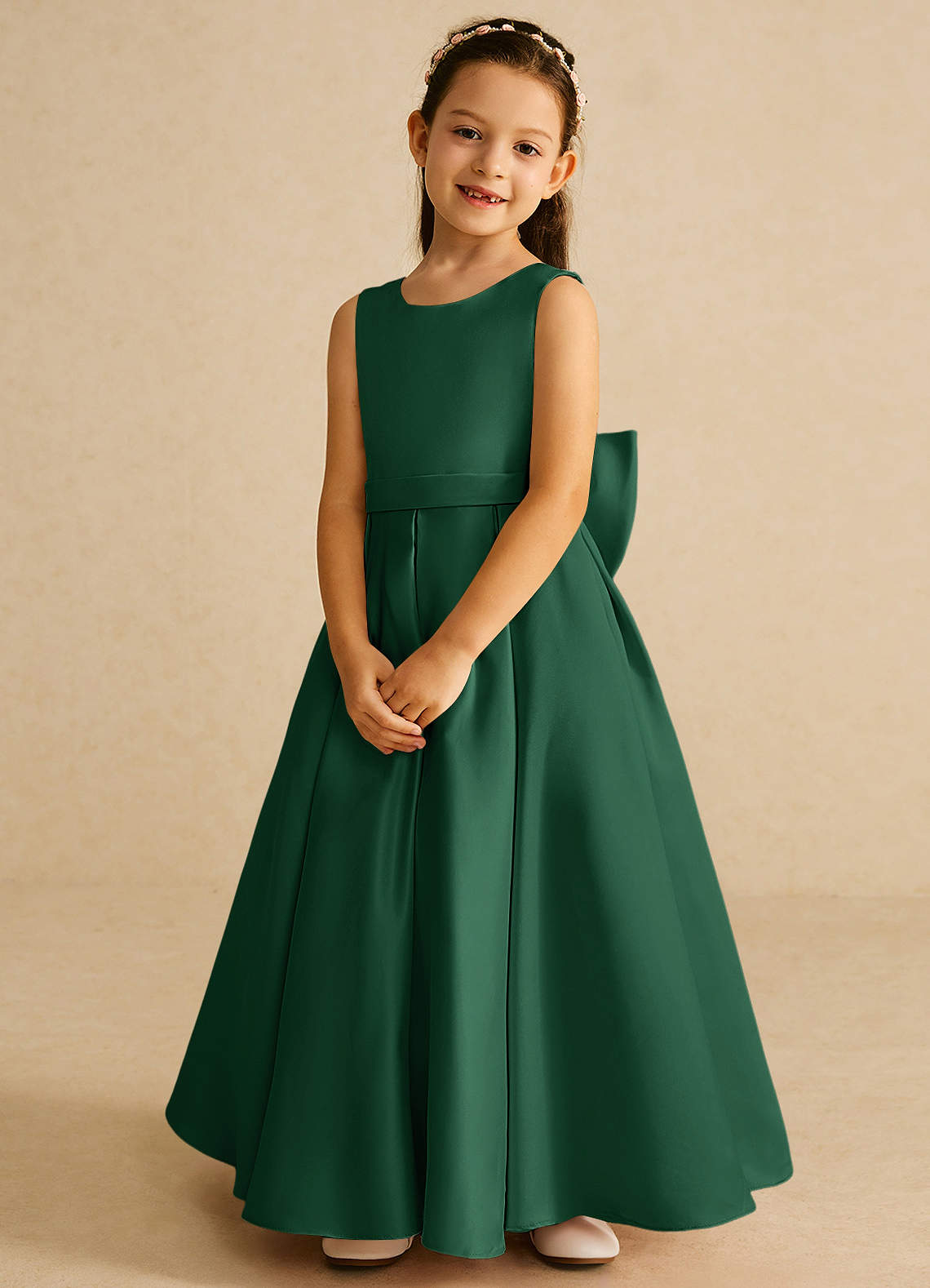 Azazie Pipsy Flower Girl Dresses Dark Green A-Line Bow Matte Satin Dress image3