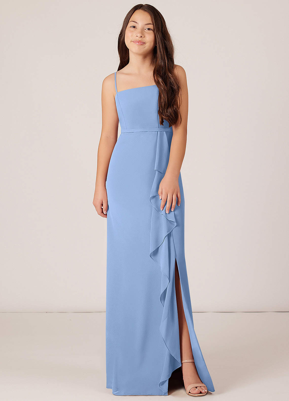 Azazie Kaylee Steel Blue A-Line with Belt Chiffon Dress image1