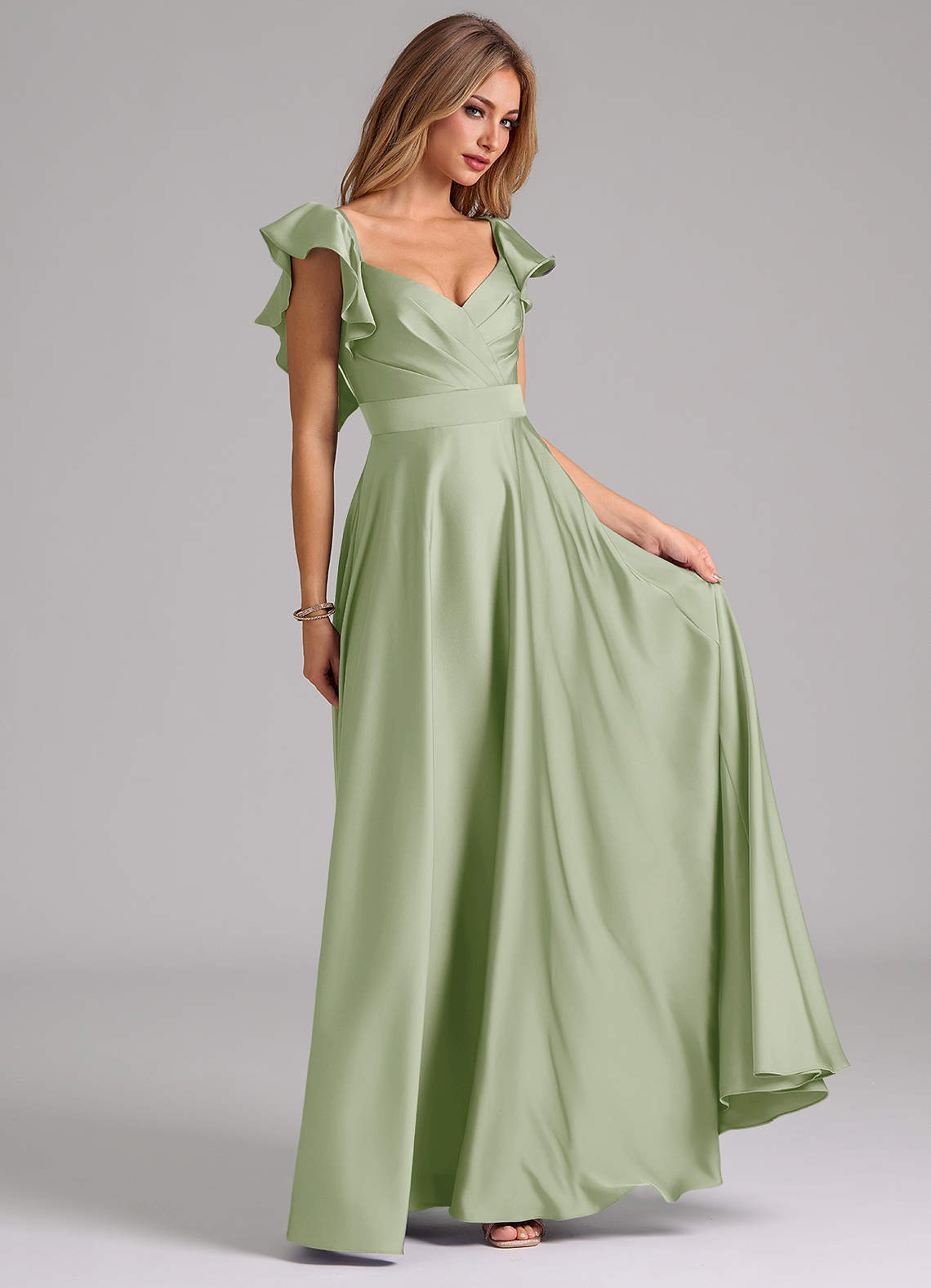 Azazie Leilani Robes de demoiselle d'honneur Robe Trapèze en Satin extensible Rayé Vert Sauge image3
