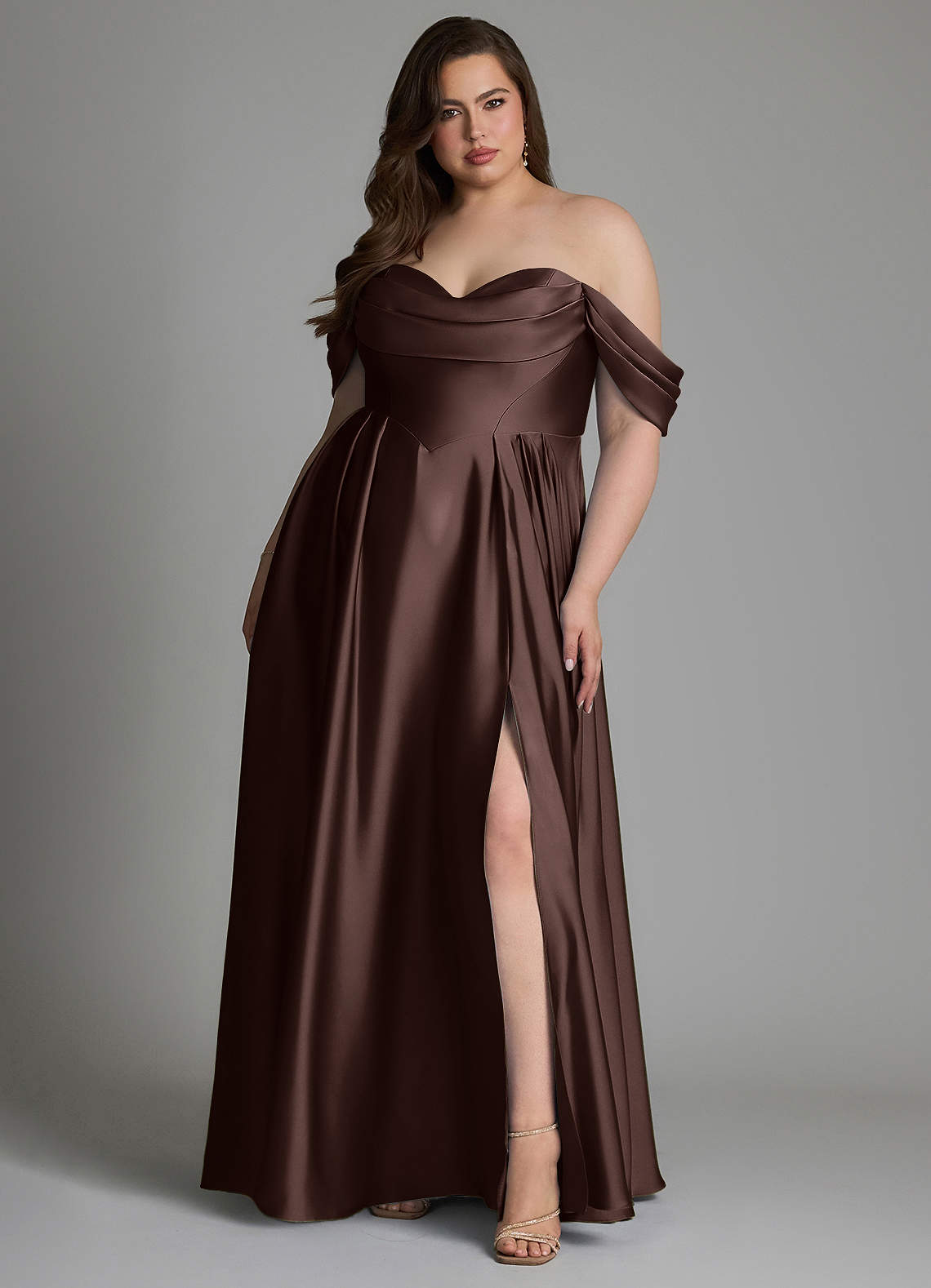 Azazie Loisa Bridesmaid Dresses Ganache A-Line Off the Shoulder Stretch Satin Dress image7