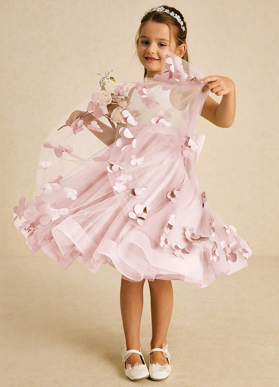 Azazie Sprout Flower Girl Dresses Blushing Pink A-Line Bow Tulle Dress image2