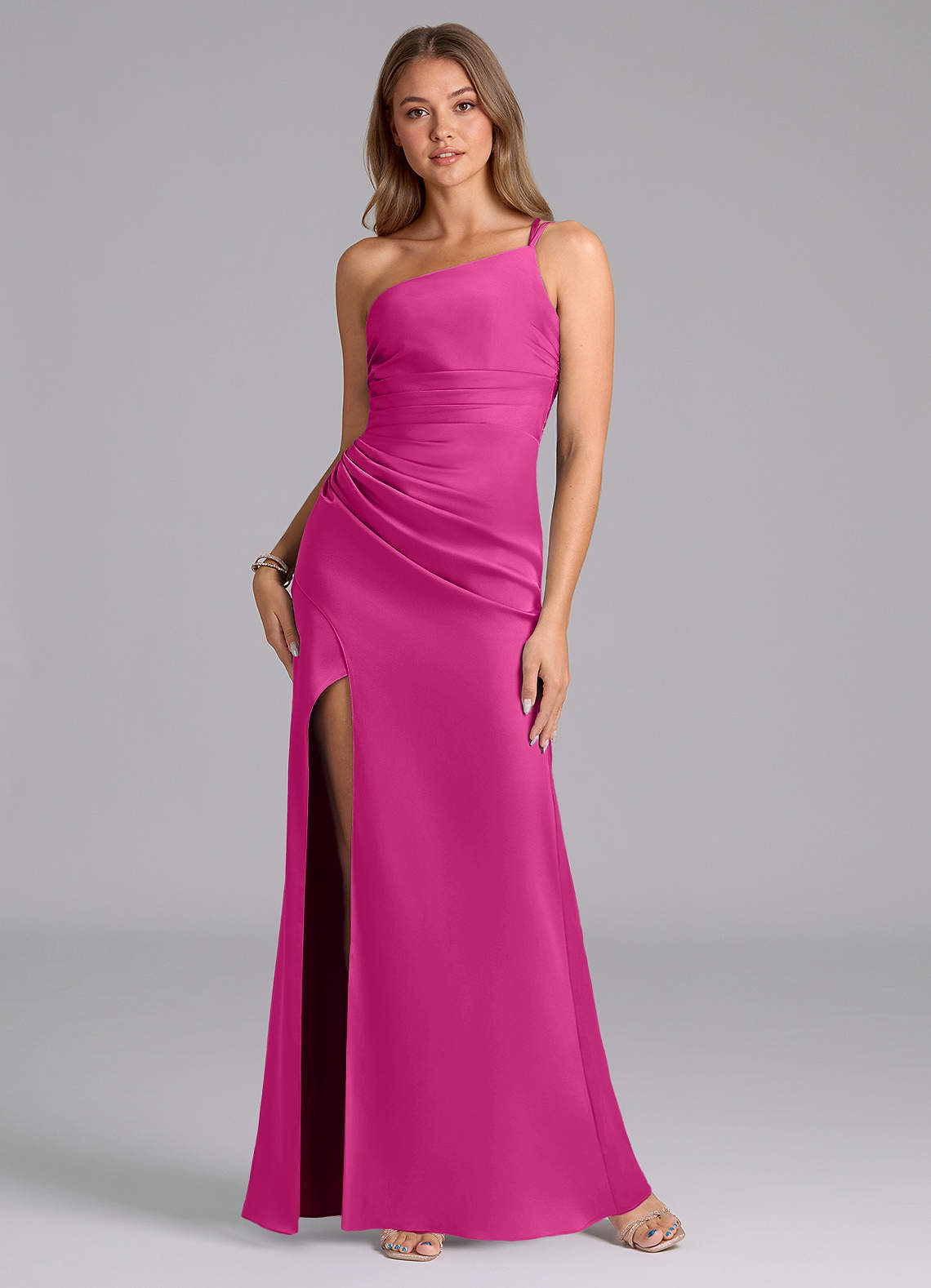 Azazie Eren Bridesmaid Dresses Fuchsia Mermaid One Shoulder Stretch Satin Dress image1