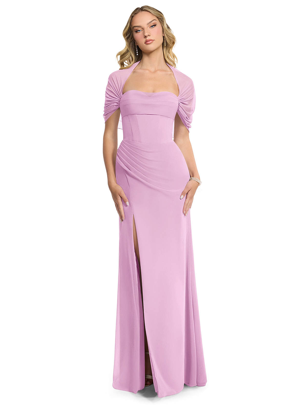 Azazie Zia Vestidos de damas de honor Vestido de Rosa Caramelo de Gasa de Corte Recto Convertible con Corte Lateral image1