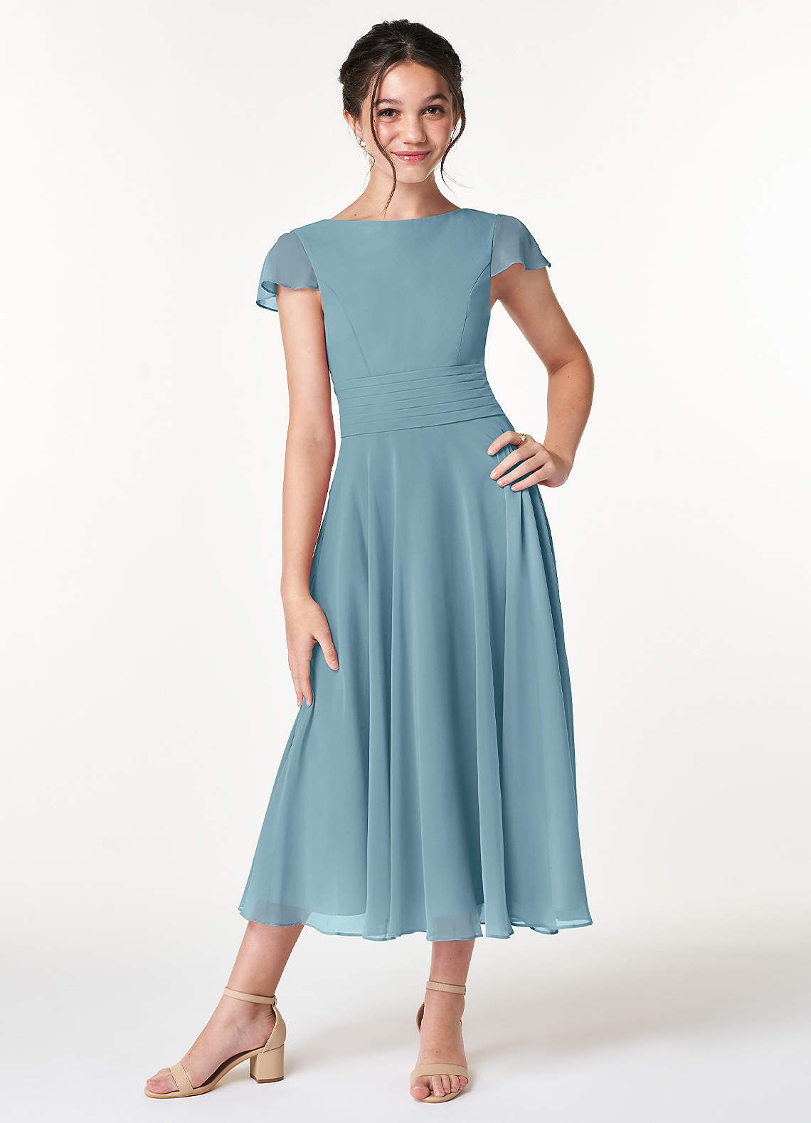 Azazie Payton Junior Abito A-Line in Chiffon Fiocco Blu Lunatico image1