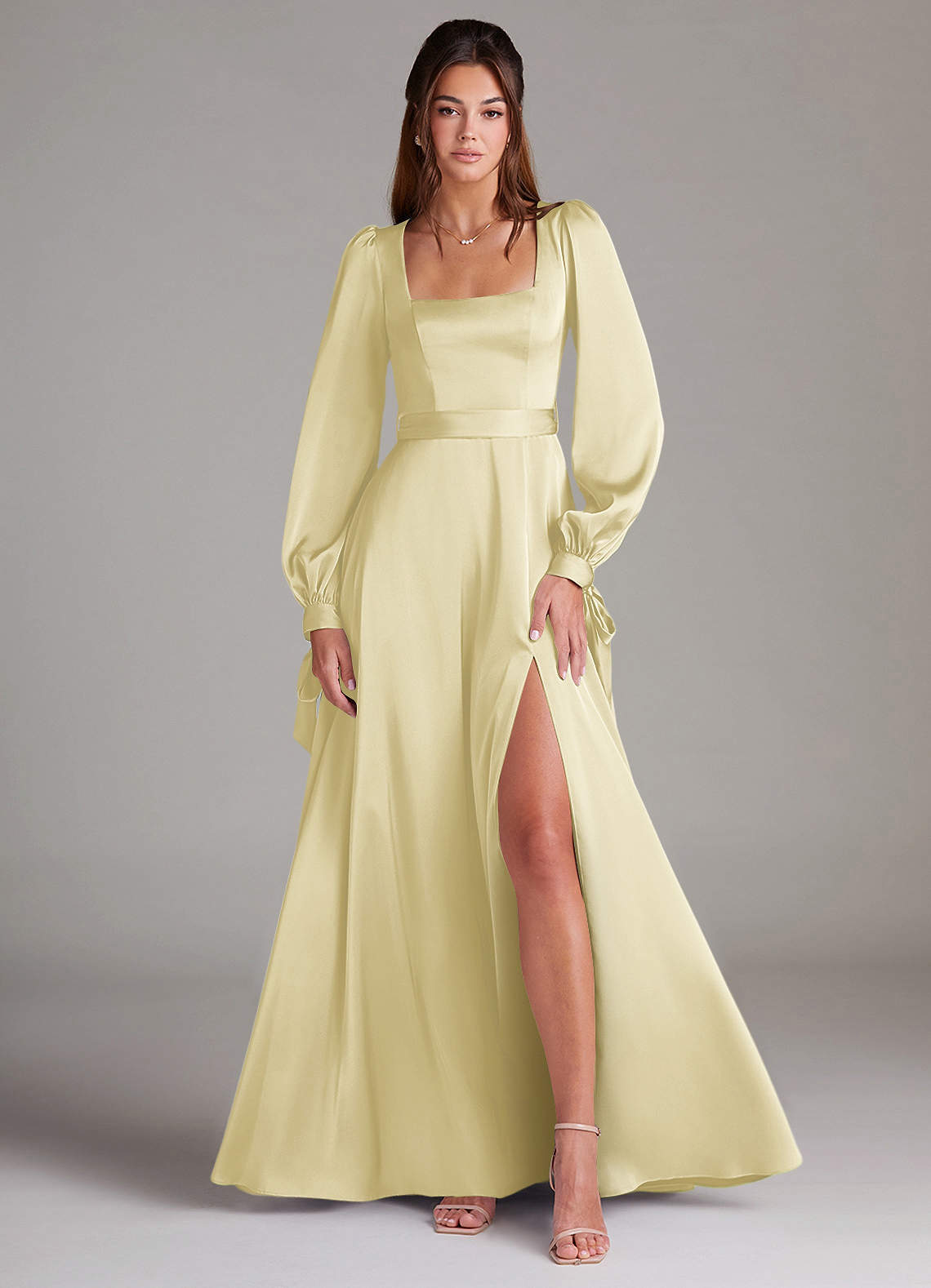 Azazie A-Line Square Neck Long Sleeve Floor-Length Stretch Satin Bridesmaid Dresses - Lemon Sorbet