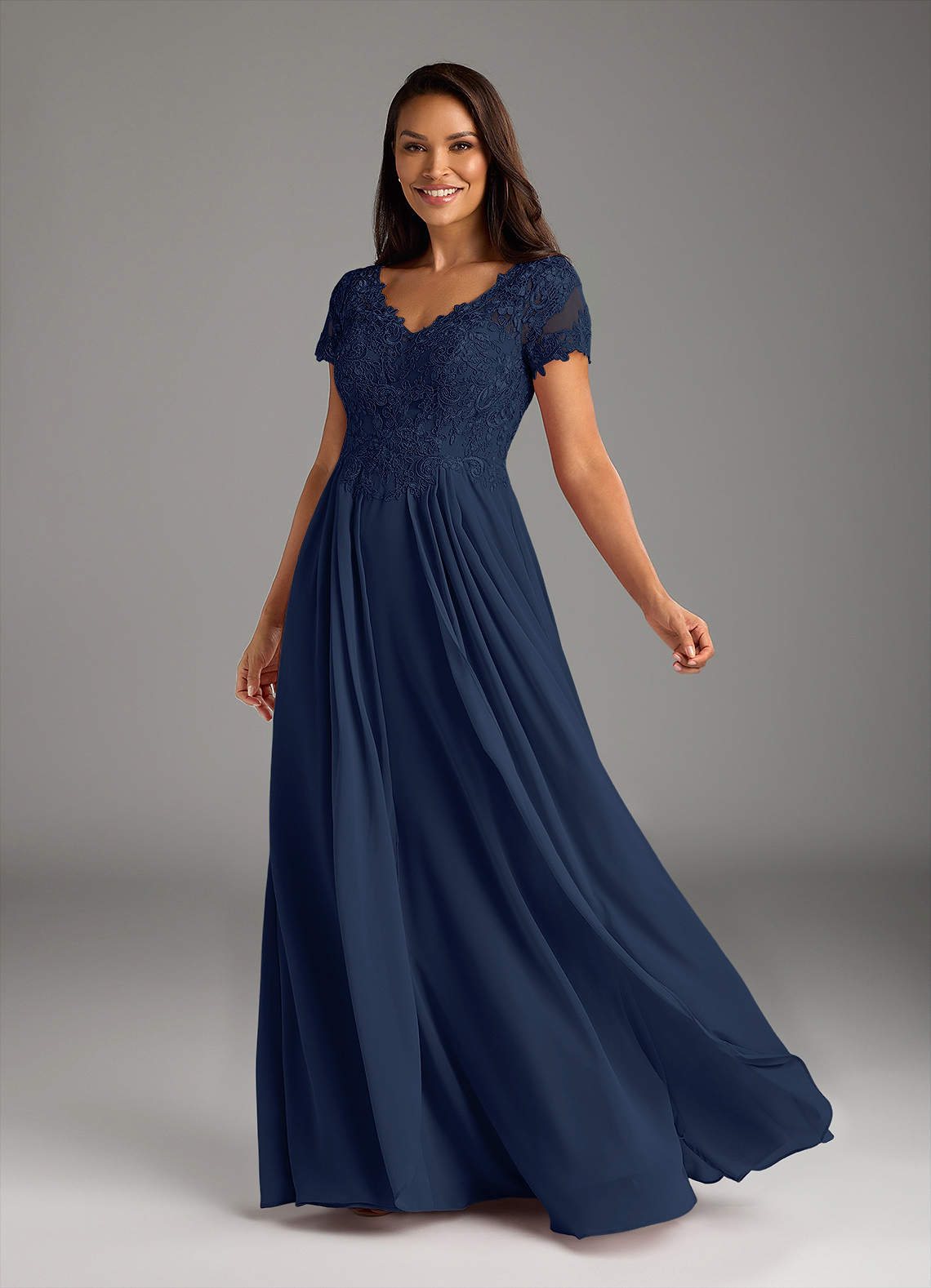 Azazie Dunja Dark Navy A-Line V-Neck Lace Chiffon Dress | Azazie