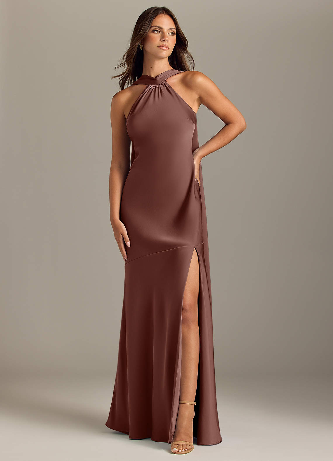 Azazie Kinsley Bridesmaid Dresses Espresso Mermaid Side Slit Stretch Satin Dress image1