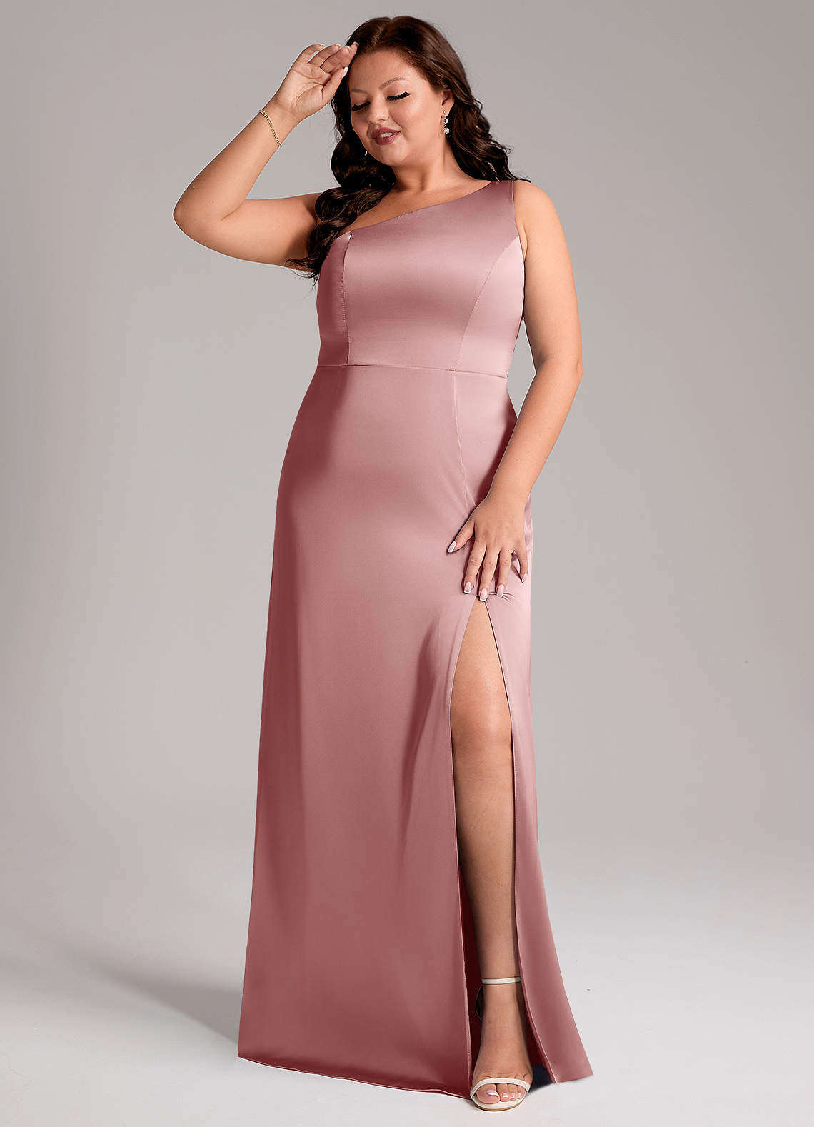 Azazie Phaedra Vestidos de madrinha de casamento Vestido Rosa Empoeirada de Cetim elástico de Linha A com Um ombro image2