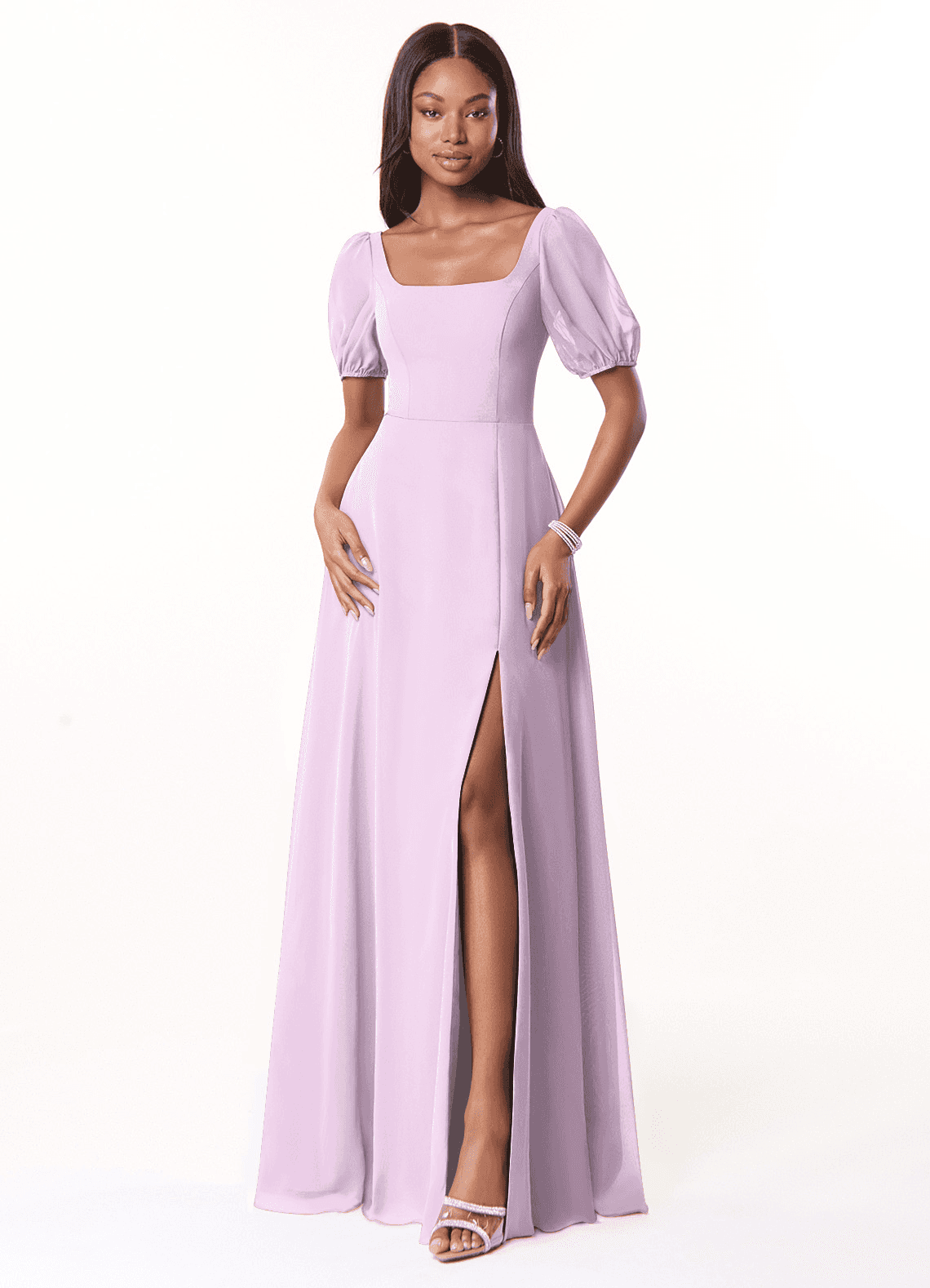Azazie Alani Robes de demoiselle d'honneur Robe Trapèze en Mousseline de soie Encolure carrée Frostiges Flieder image1