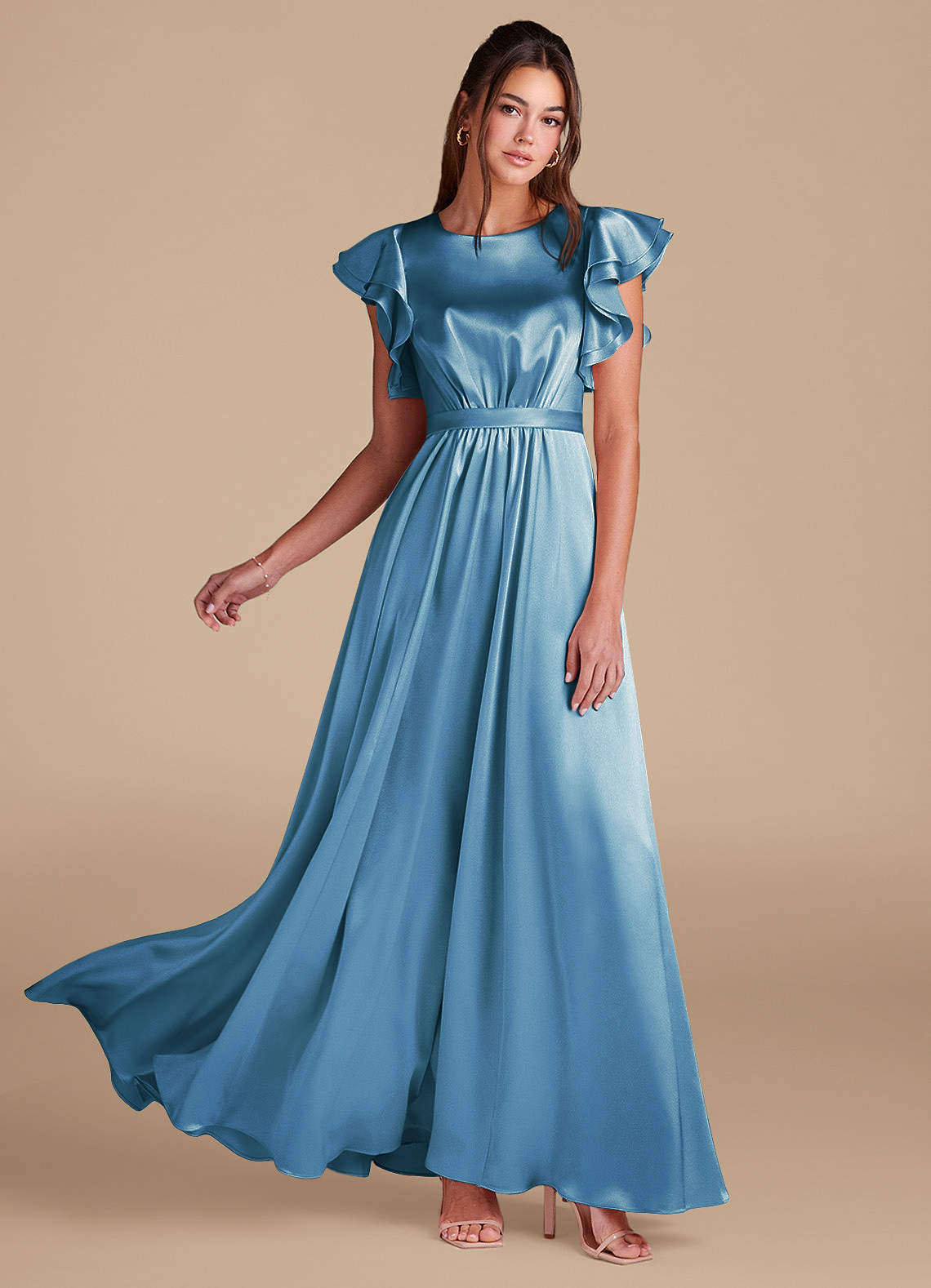 Azazie Daphne Modest Bridesmaid Dresses A-Line Ruched Metallic Satin Floor-Length Dress image1