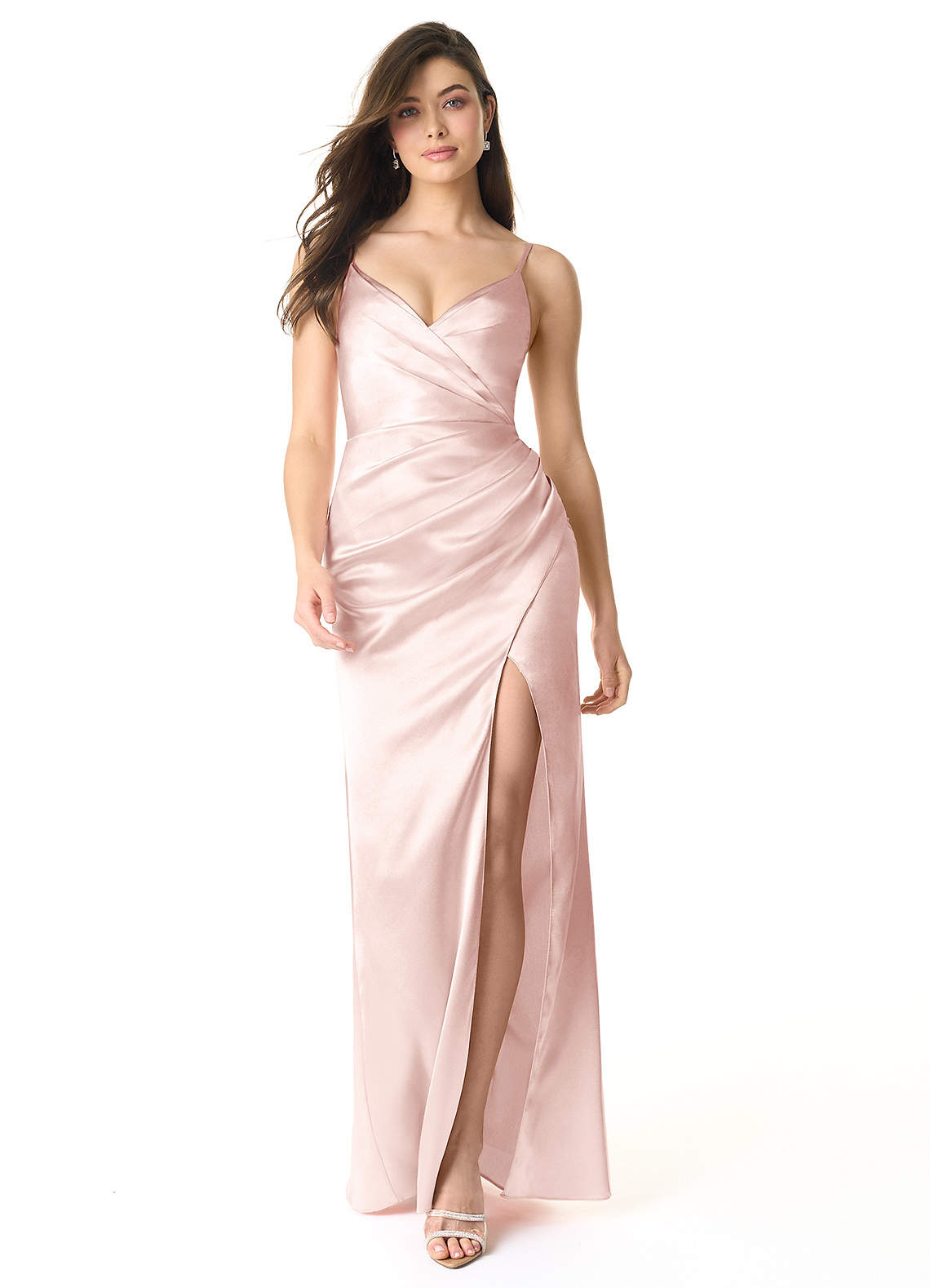 Azazie Sukia Bridesmaid Dresses Blushing Pink Mermaid Pleated Metallic Satin Dress image1