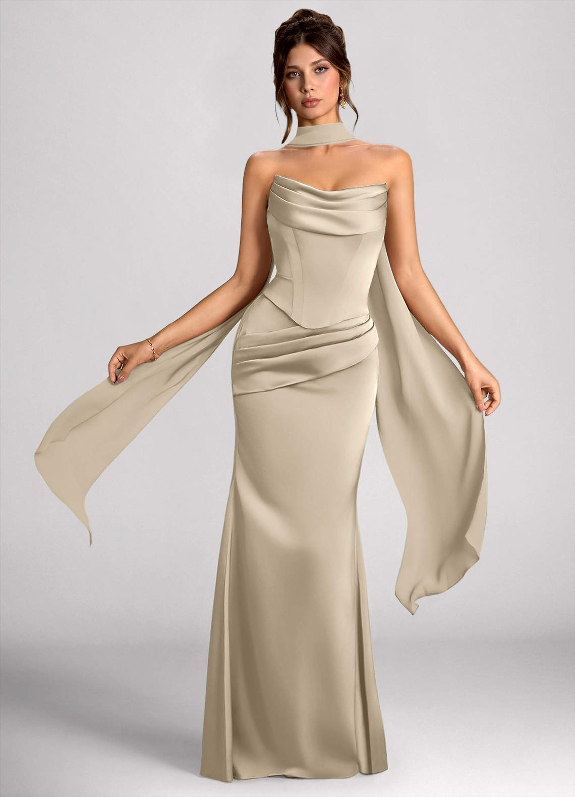 Calista Champagne Luminous Satin Maxi Dress | Azazie