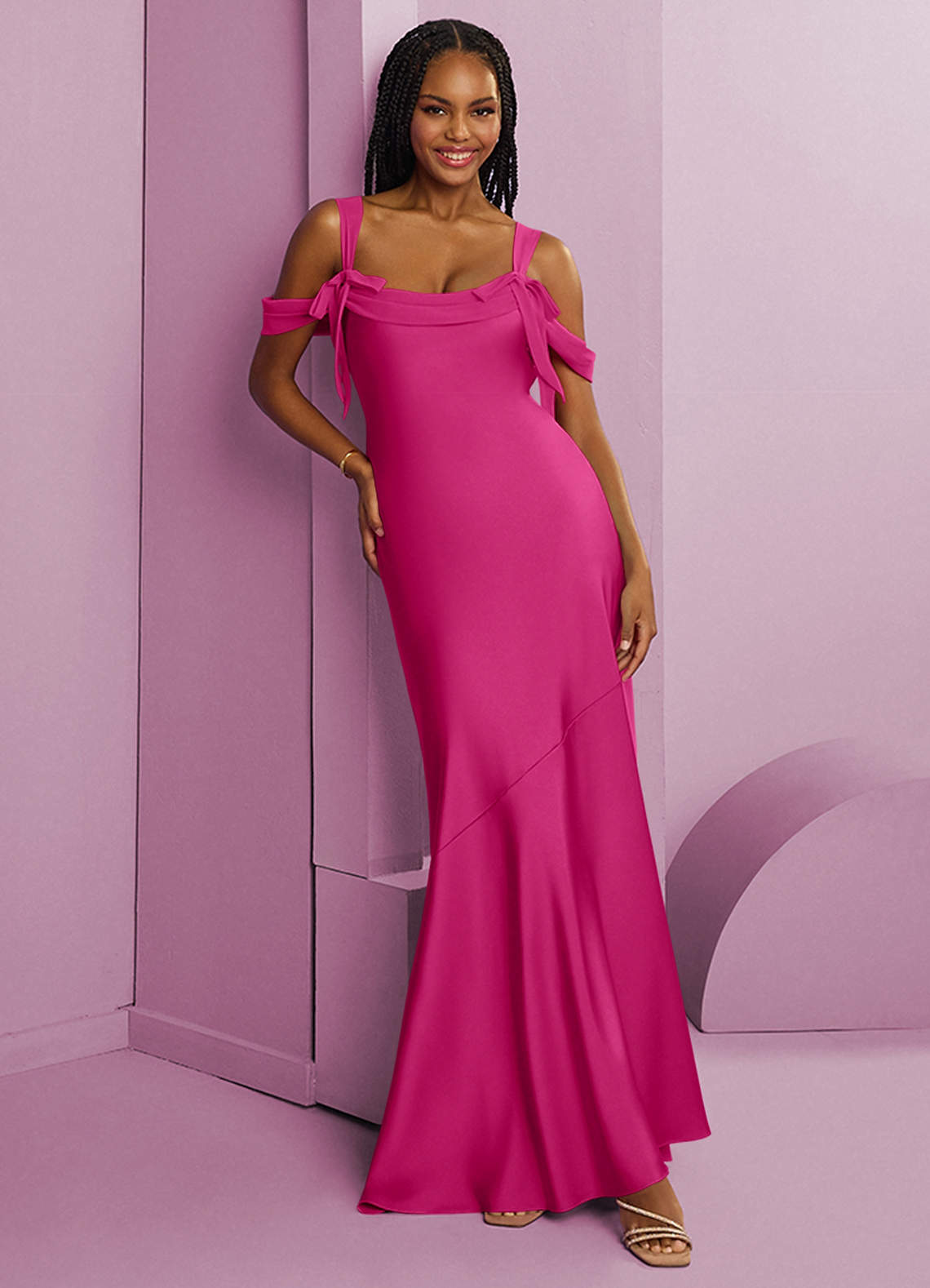 Barbie ♥ Azazie Jurken voor bruidsmeisjes Jurk van Stretch Satijn met Kolom Geplooid Barbie Roze image1