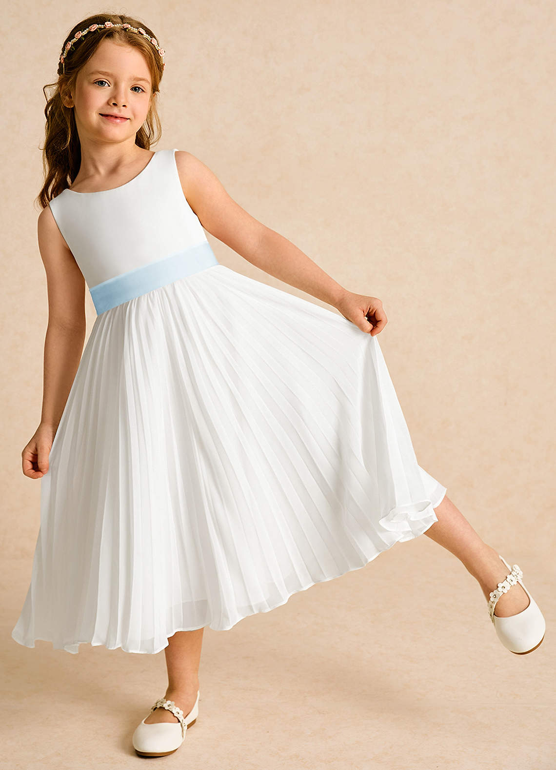 Azazie Margot Flower Girl Dresses Ivory Sky Blue A-Line Pleated Chiffon Dress image2
