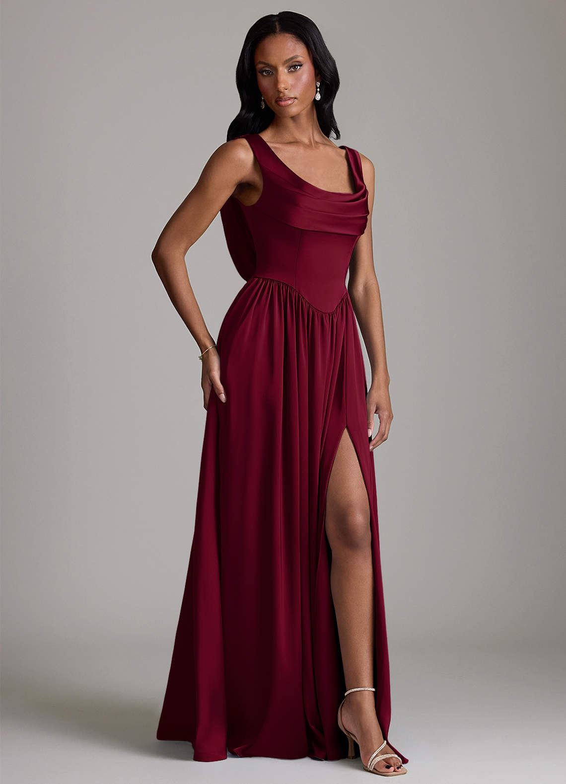 Azazie Novi Bridesmaid Dresses Burgundy A-Line with Pockets Stretch Satin Dress image4