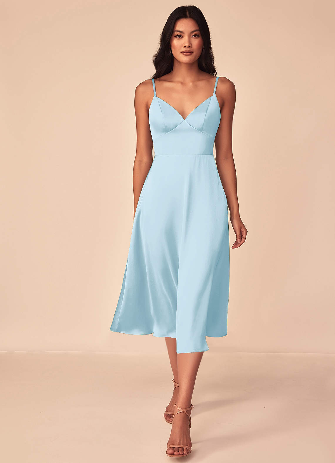 azazie satin dress Azazie Dottie Ready to Ship Sky Blue Stretch Satin Bridesmaid Dresses