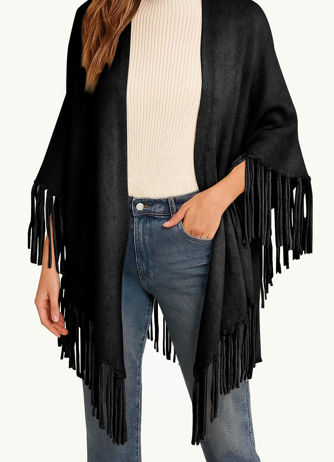 front Multiway Brushed Knit Fringe Shawl