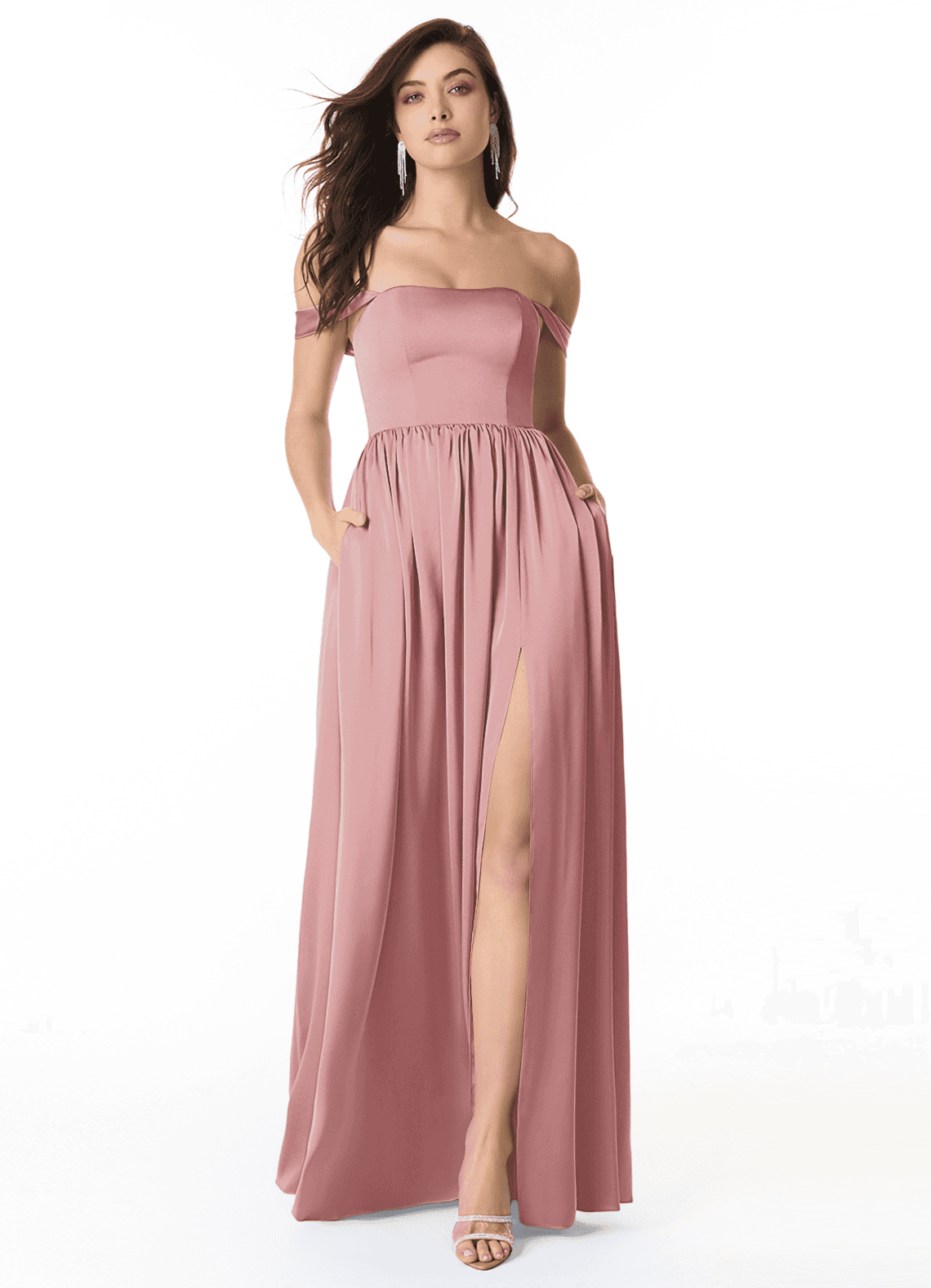 Azazie Morana Brautjungfernkleider Wandelbar A-Linie Schulterfrei Stretch-Satin Kleid Altrosa image1