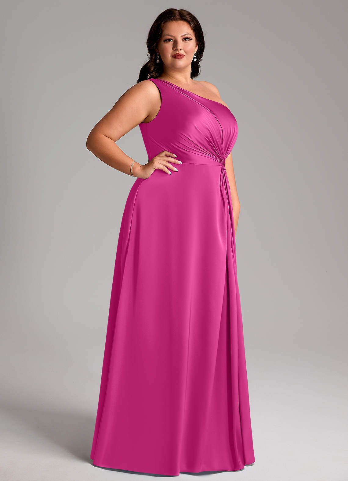 Azazie Brooke Vestidos de damas de honor Vestido de Fucsia de Satén Elástico de Corte en A con Hombro unilateral image9