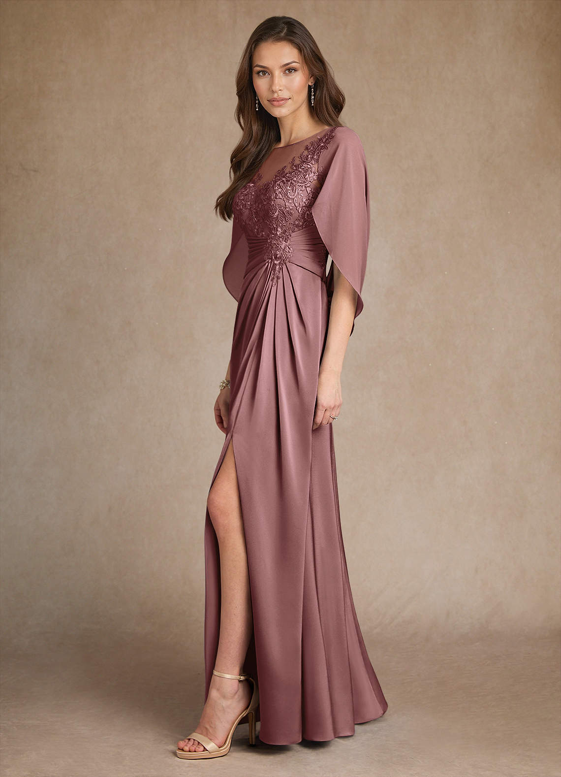 Azazie Hera Mother of the Bride Dresses Vintage Mauve A-Line Lace Stretch Satin Dress image1