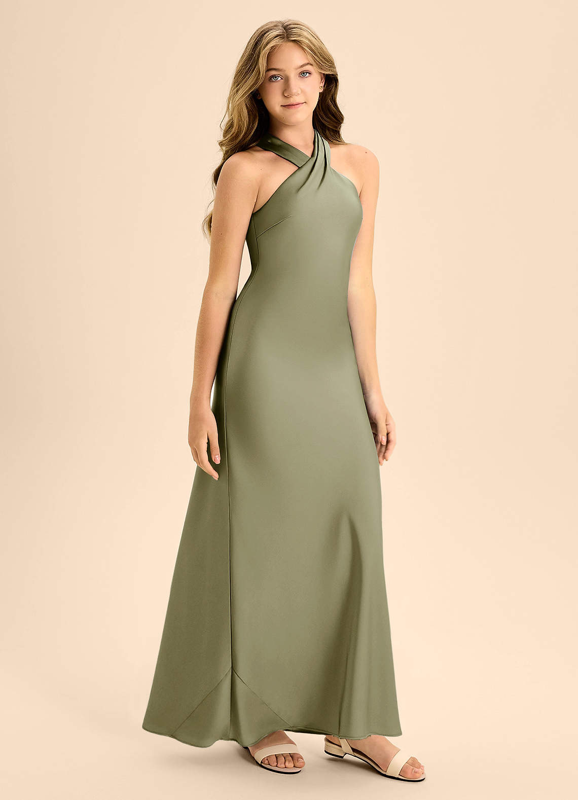 Azazie Doretta Junior Pistachio A-Line Pleated Stretch Satin Dress image5
