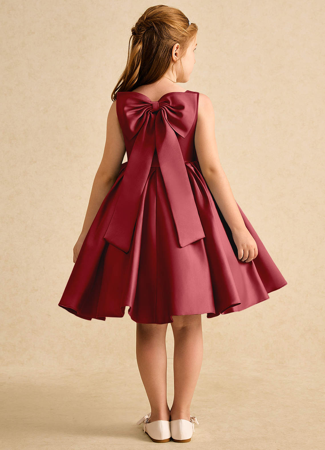 Azazie Jessie Flower Girl Dresses Pomegranate A-Line Bow Matte Satin Dress image1