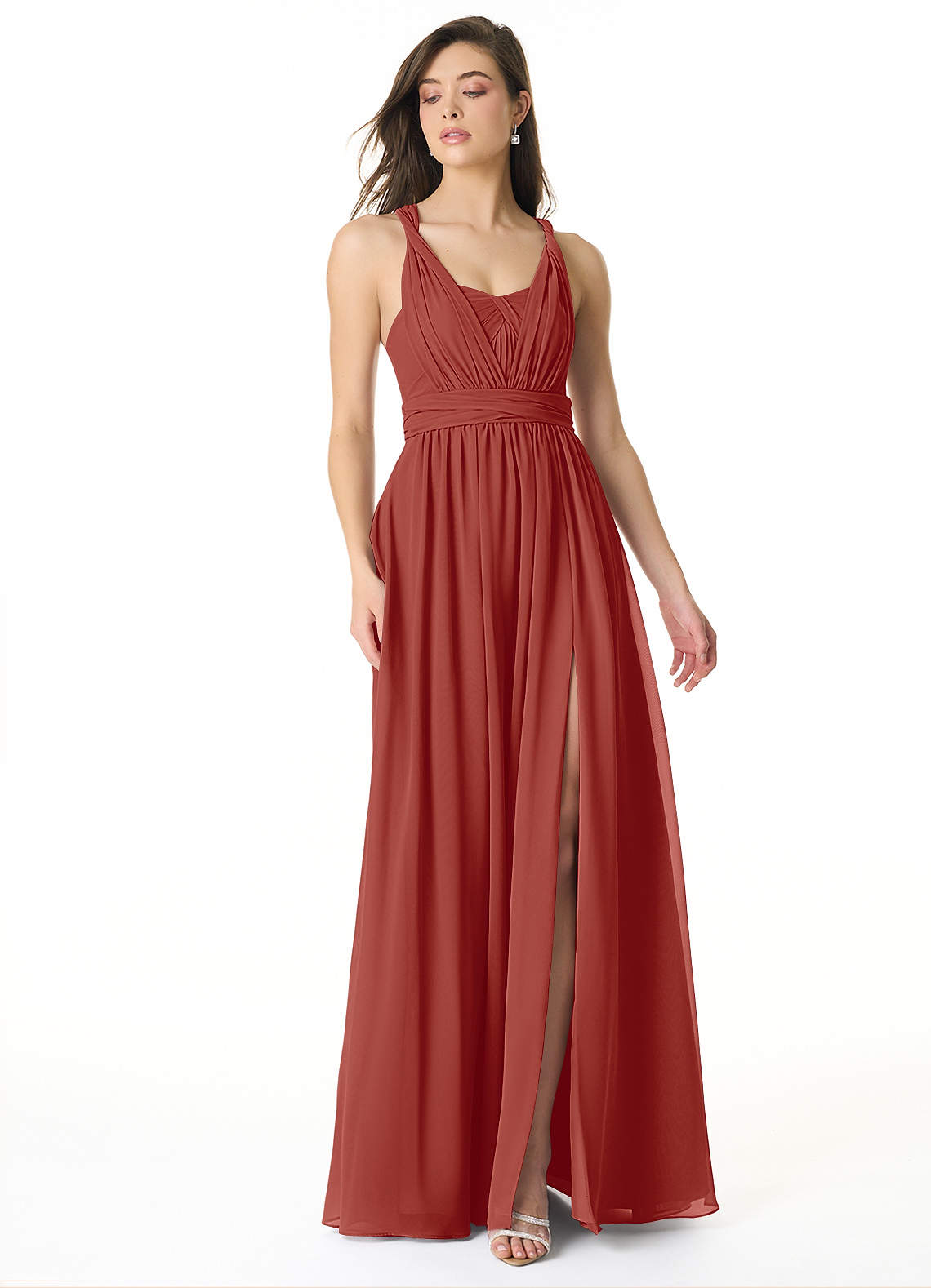 Azazie Olani Bridesmaid Dresses Terracotta A-Line Off the Shoulder Chiffon Convertible Dress image1