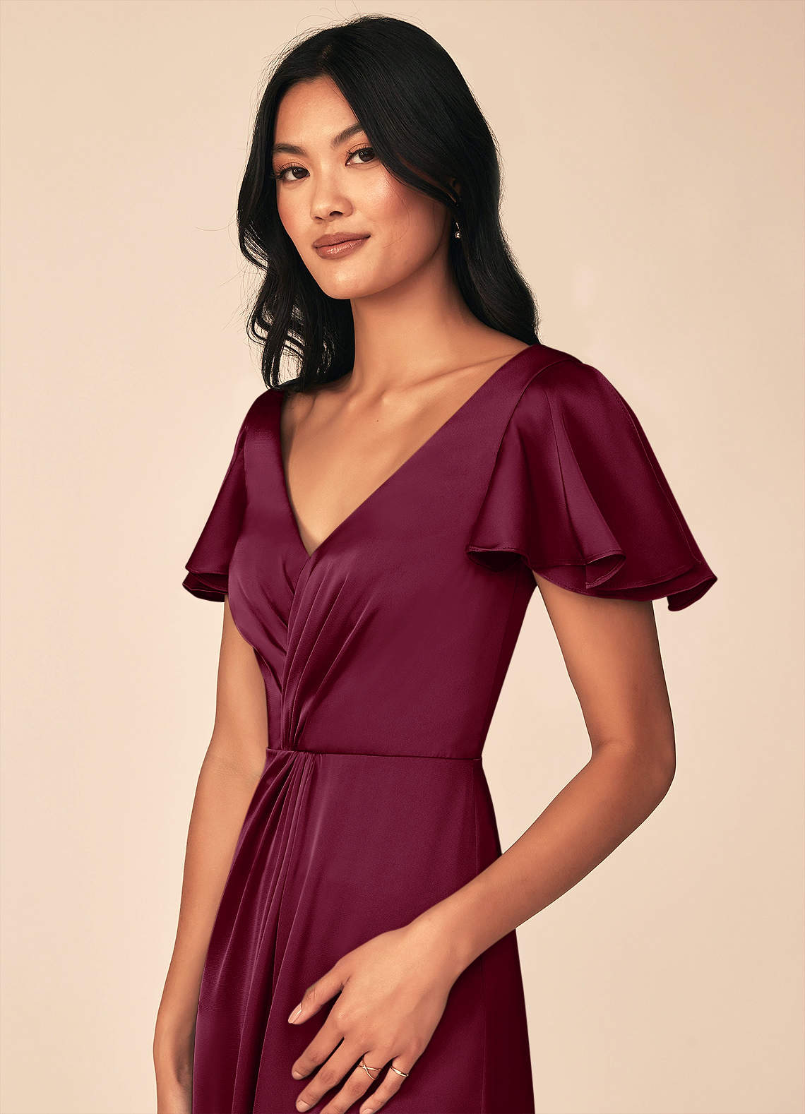 Azazie Soren Bridesmaid Dresses Mulberry A-Line Pleated Stretch Satin Dress image6