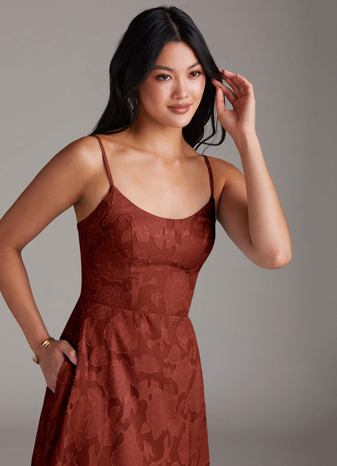 Azazie Moira Robes de demoiselle d'honneur Robe Trapèze en Blumen-Burnout Fente Latérale Terracotta image4