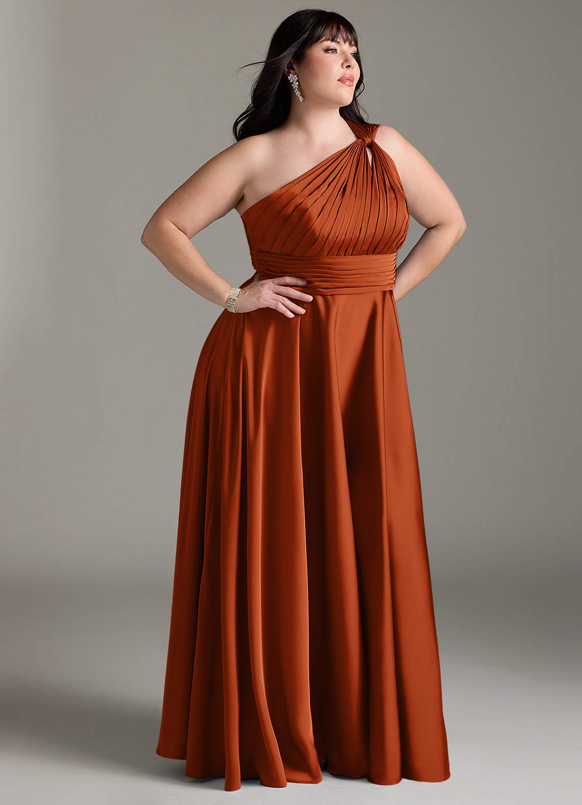 Azazie Charlize Bridesmaid Dresses Burnt Orange A-Line One Shoulder Stretch Satin Dress image11