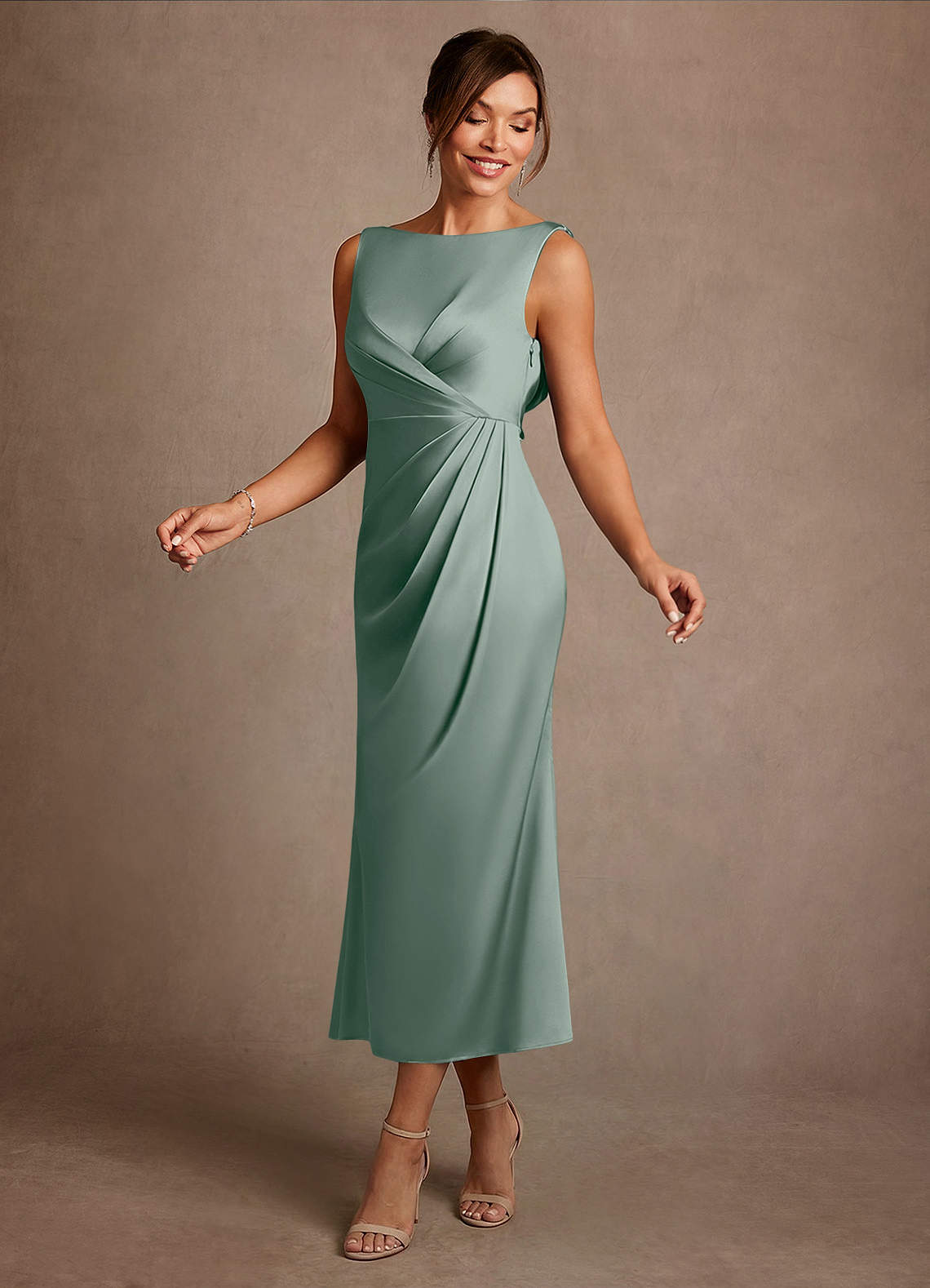 Azazie Mazhe Kleider für die Brautmutter A-Linie Plissee Stretch-Satin Kleid Silberner Salbei image2