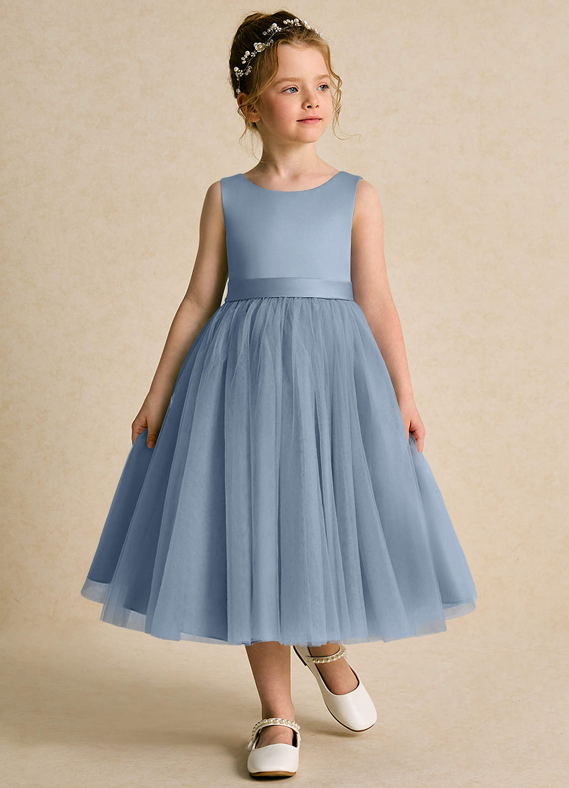 Azazie Pear Flower Girl Dresses Dusty Blue Ball-Gown Bow Tulle Dress image3