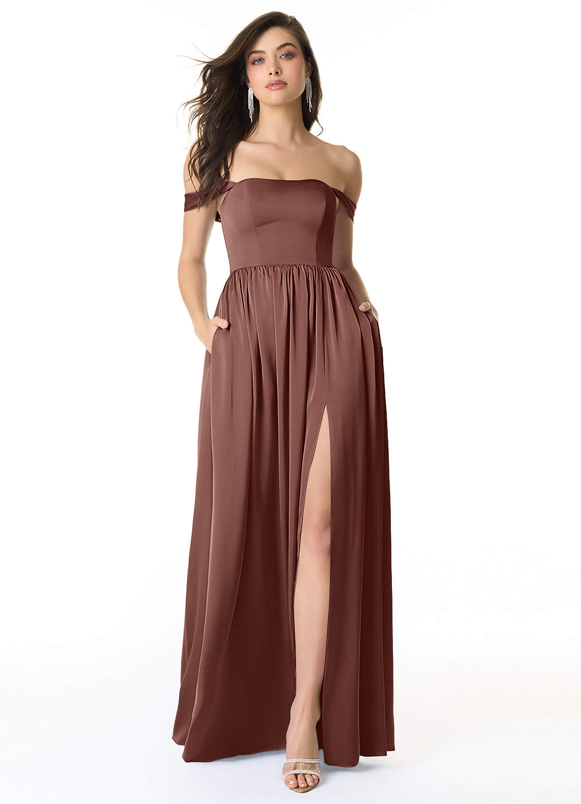 Azazie Morana Bridesmaid Dresses Espresso A-Line Off the Shoulder Stretch Satin Convertible Dress image1