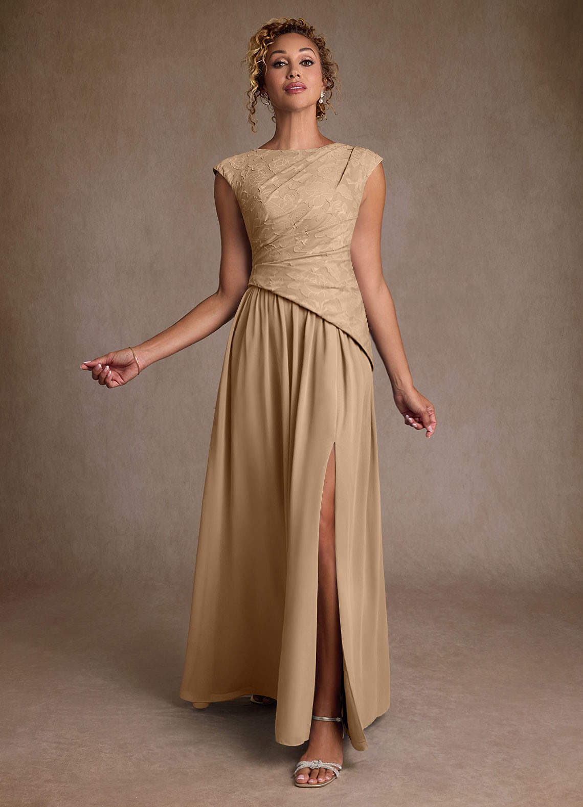 Azazie Kalleen Champagne A-Line Pleated Chiffon Dress | Azazie