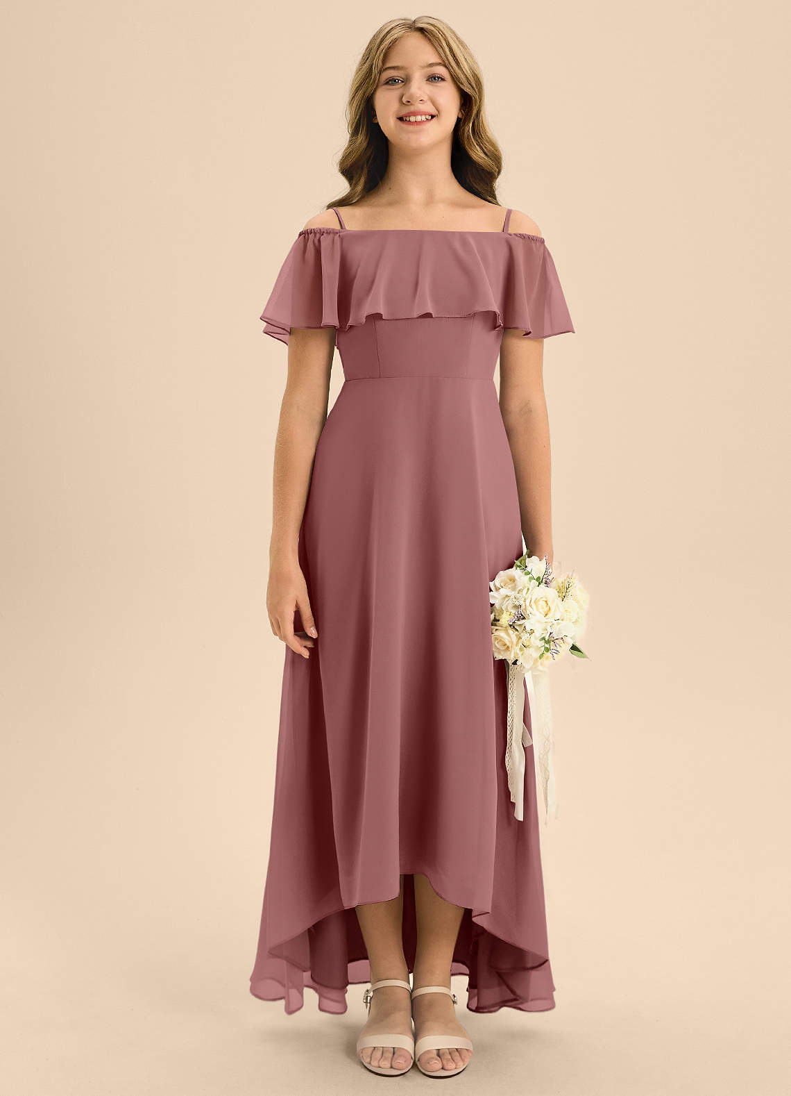 Azazie Maggie Junior Desert Rose A-Line Off the Shoulder Chiffon Dress image1